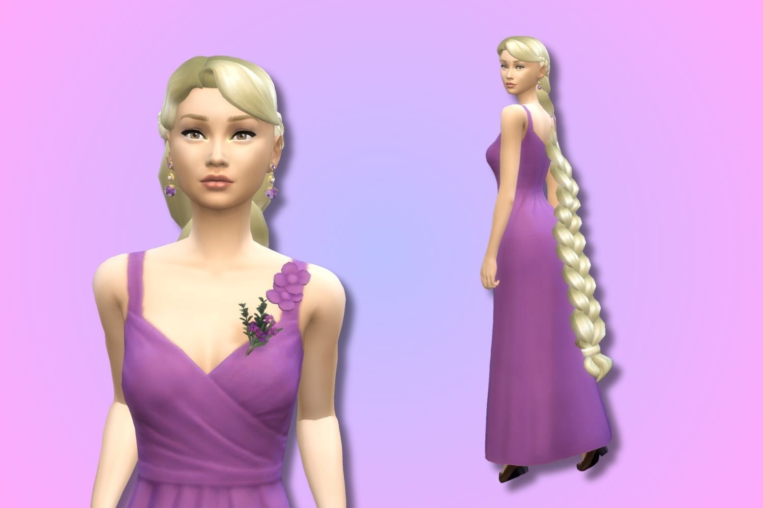 A Sim resembling Disney's Rapunzel is shown against a purple background.