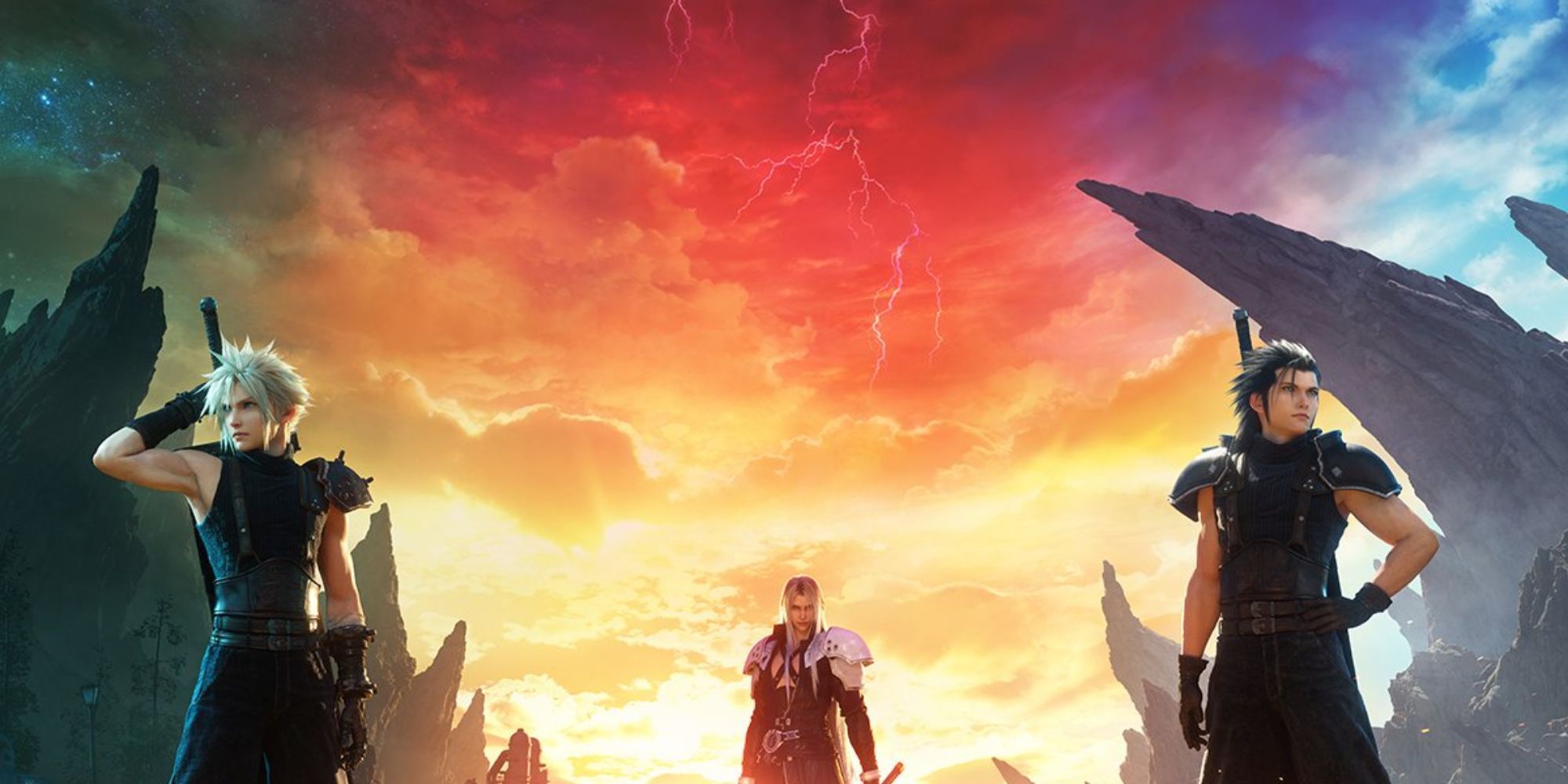 Cloud, Sephiroth, and Zack in Rebirth's key art.