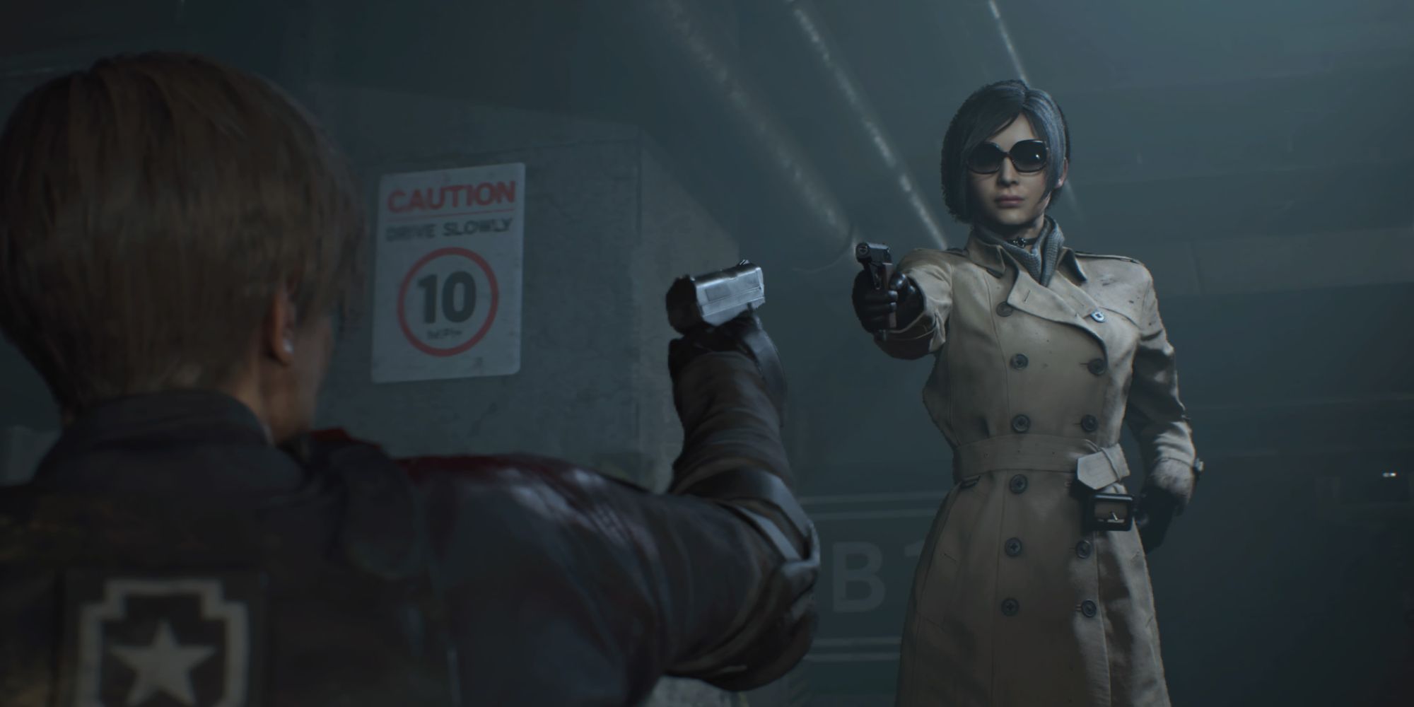 Resident Evil 2 Screenshot Of Ada and Leon Pointing Guns At One Another