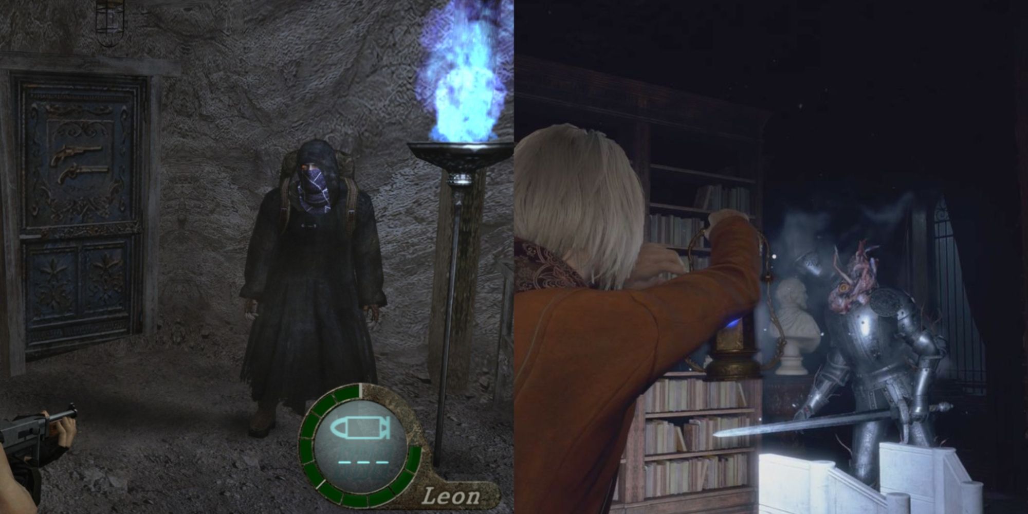 Resident Evil 4 Split Image Merchant mit blauem Licht und Ashley mit Laterne