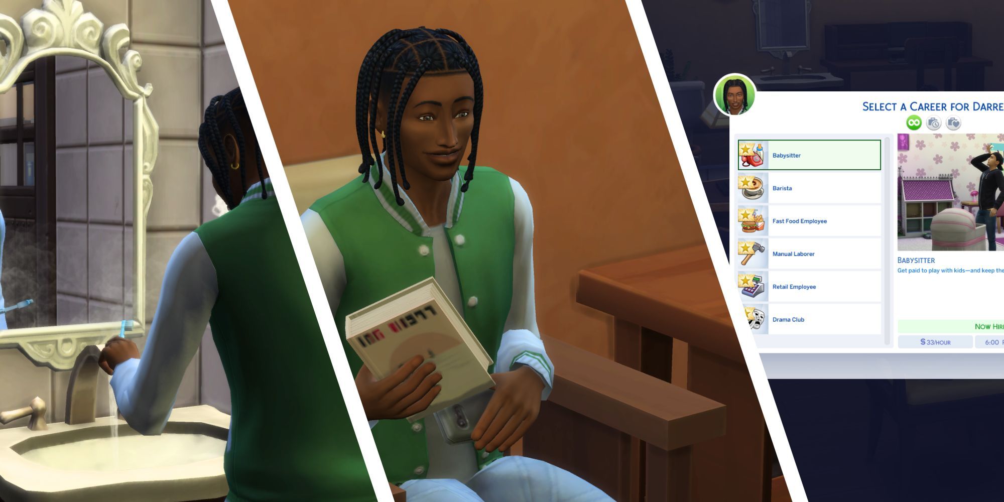In three panels, a teenage Sim brushes his teeth, reads a book, and gets a job.