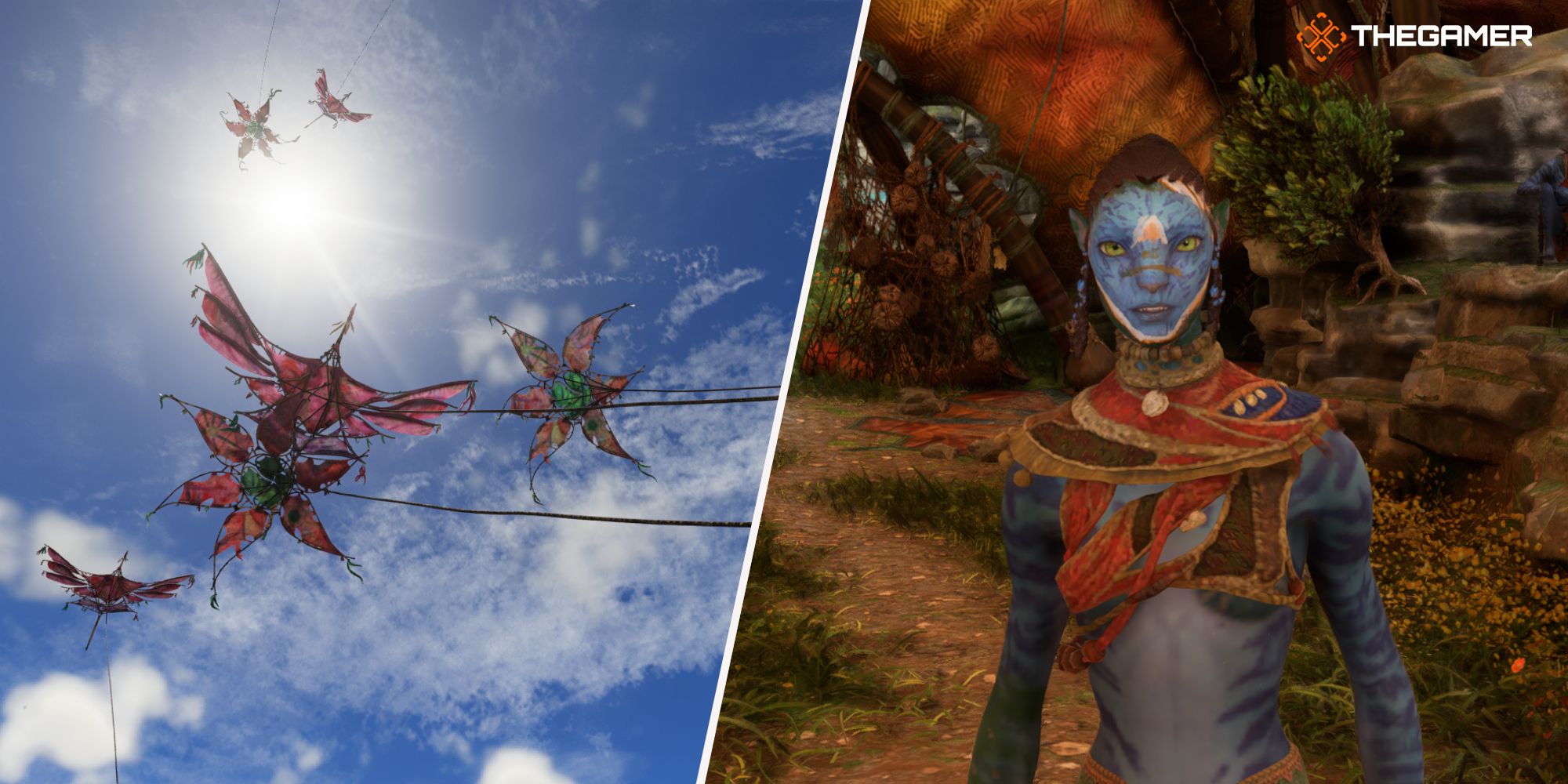 Right: A picture of Fa'zak - Left: A picture of flying kites Avatar Frontiers of Pandora