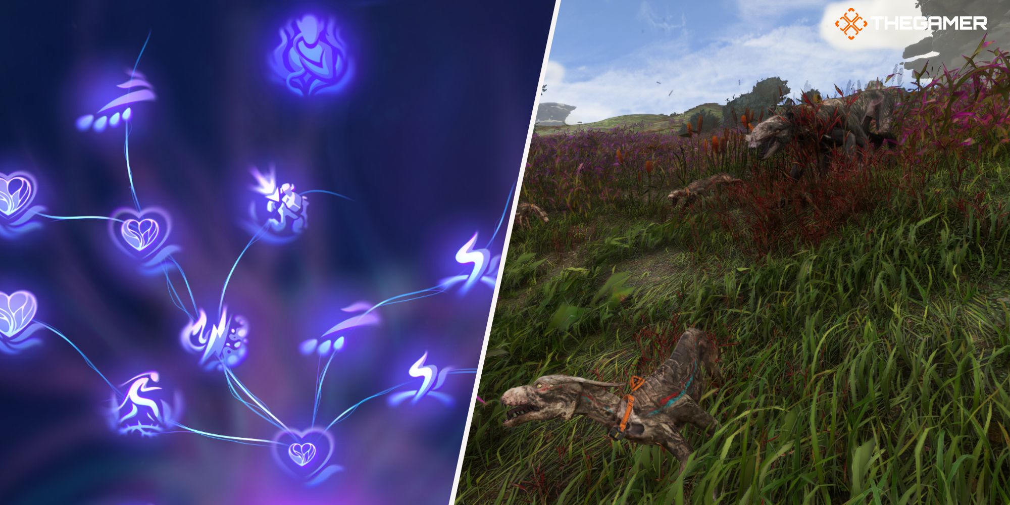Right: a picture of Feral Thanator & Viperwolf - Left: a picture of the skill tree of the Memories of a Survivor Avatar Frontiers of Pandora