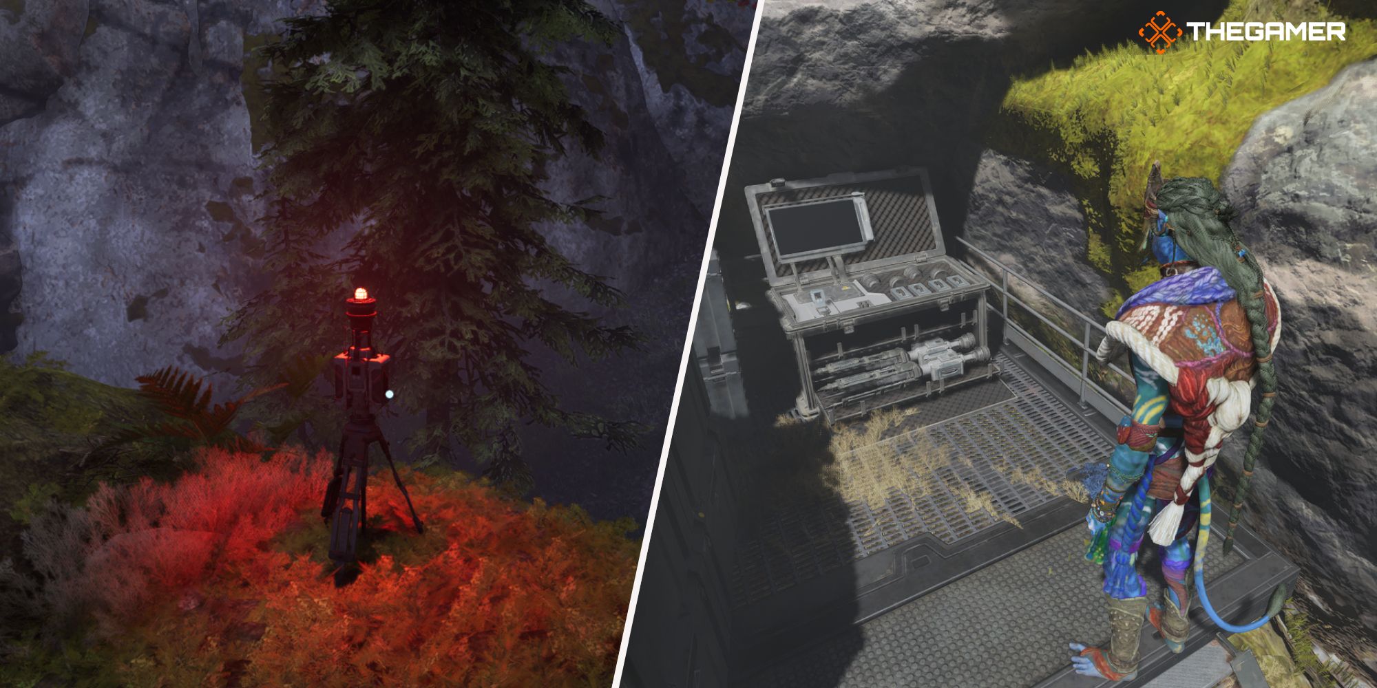 Right: Player standing next to a terminal station - Left: a picture of an antenna Avatar Frontiers of Pandora