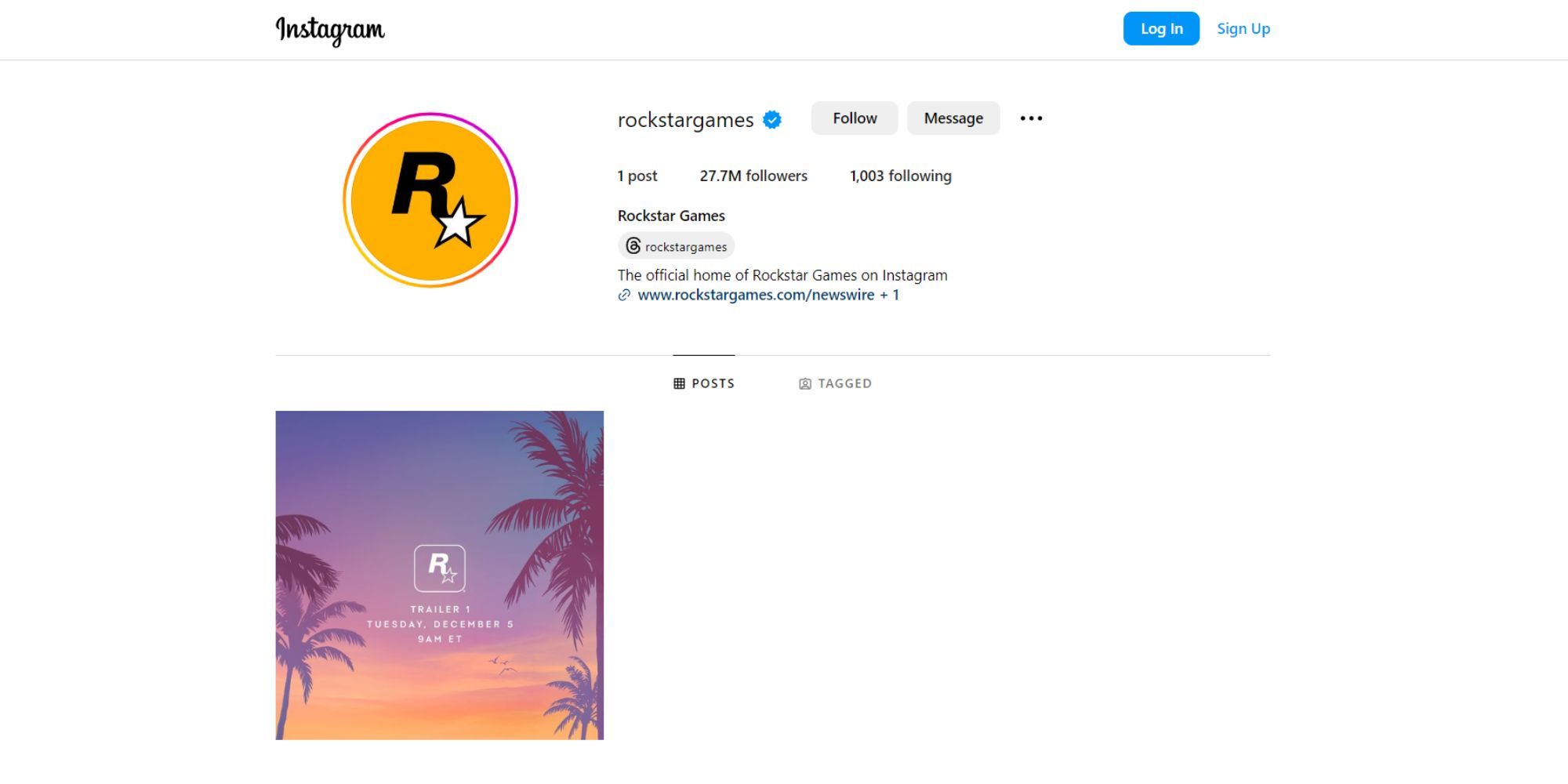 A screenshot from Rockstar's Instagram page, showing all posts are deleted except for one