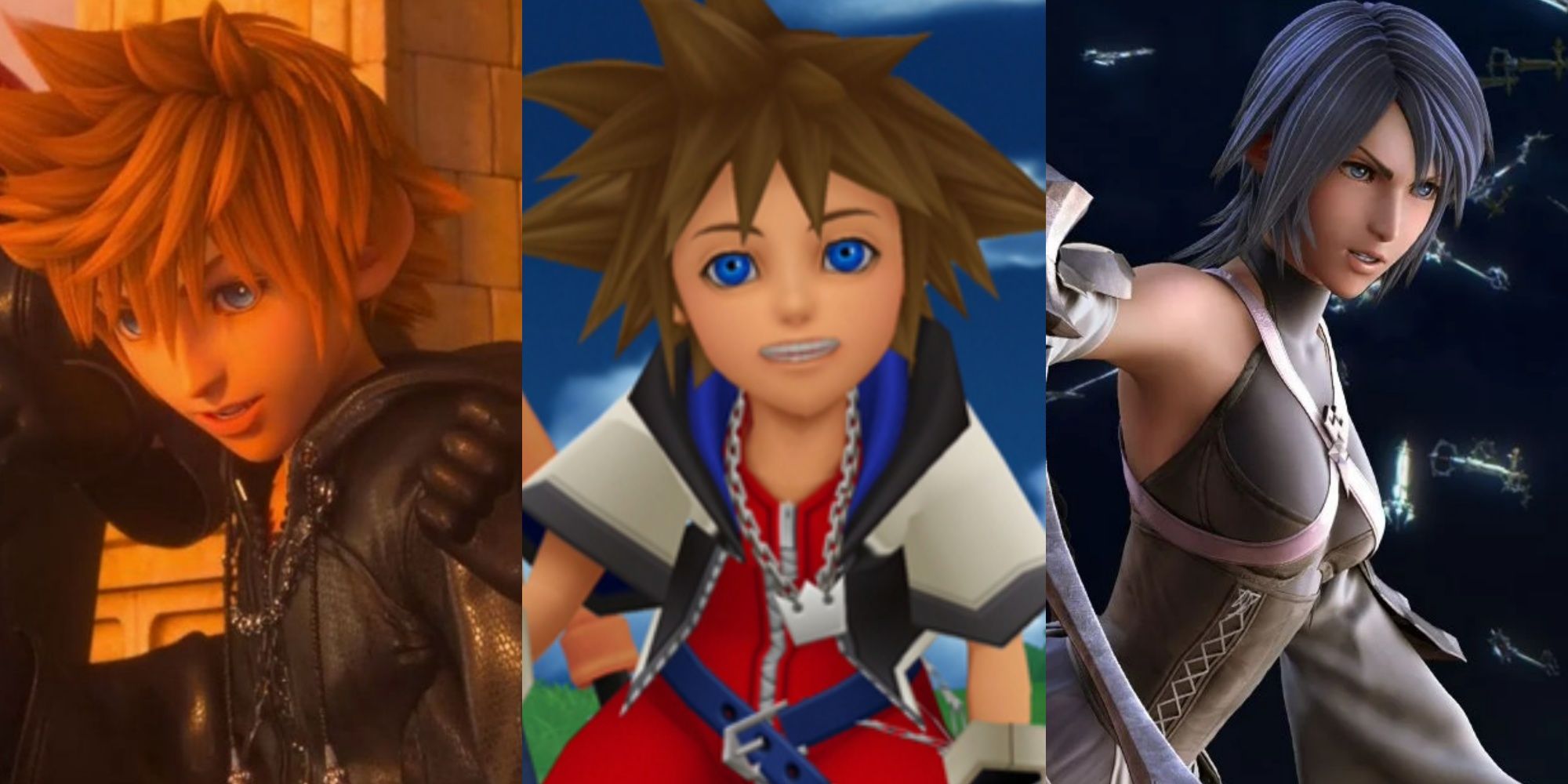 Roxas from 358/2 Days, Sora from Chain of Memories, and Aqua from Birth By Sleep