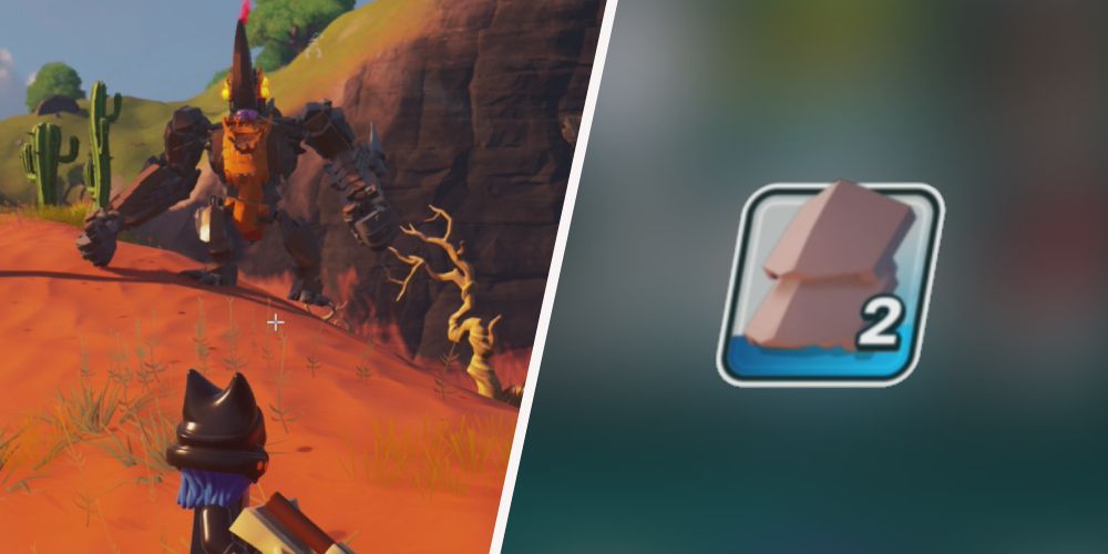 Lego Fortnite: Left: Sand Brute in Dry Valley, right: Sand Brute Scale in inventory