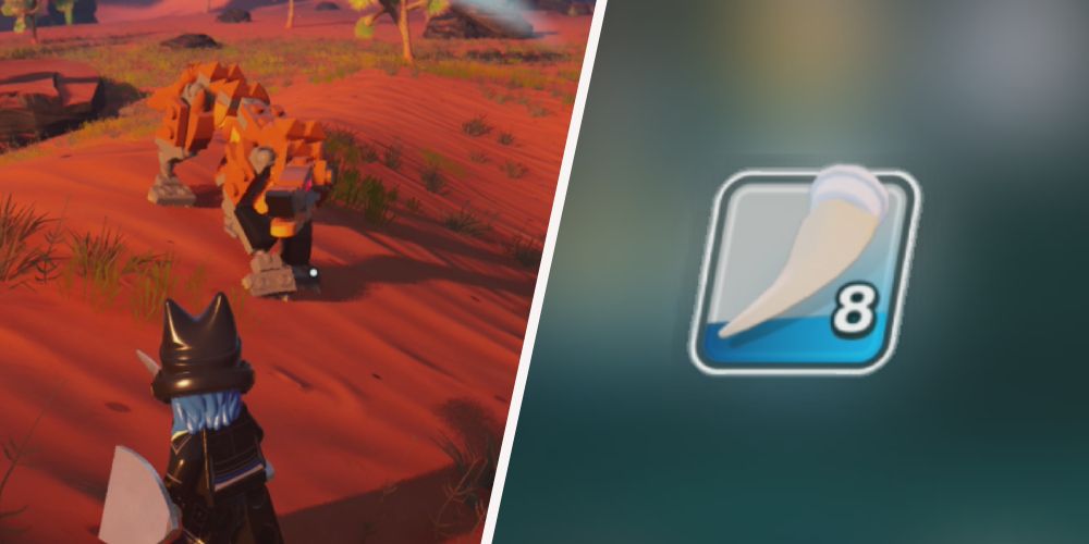 Lego Fortnite: Left: fighting with a Sand Wolves, right: Sand Claws in inventory