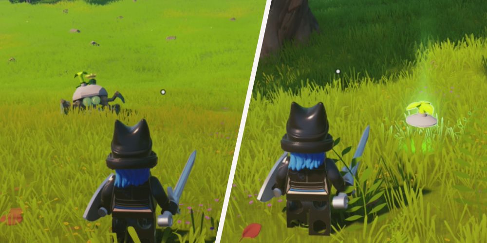 Lego Fortnite Odyssey: Left: Standing in front of a roller, right: receiving the shell after defeating the roller.