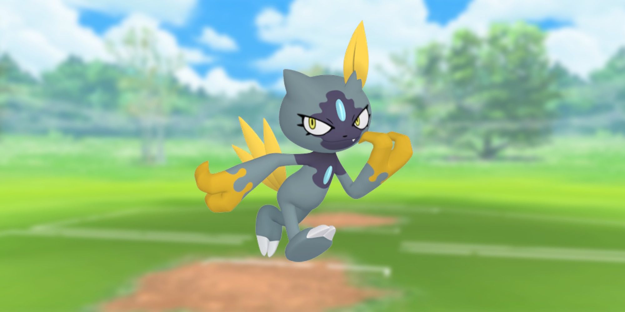 Shiny Hisuian Sneasel from Pokemon with the Pokemon Go battlefield as the background