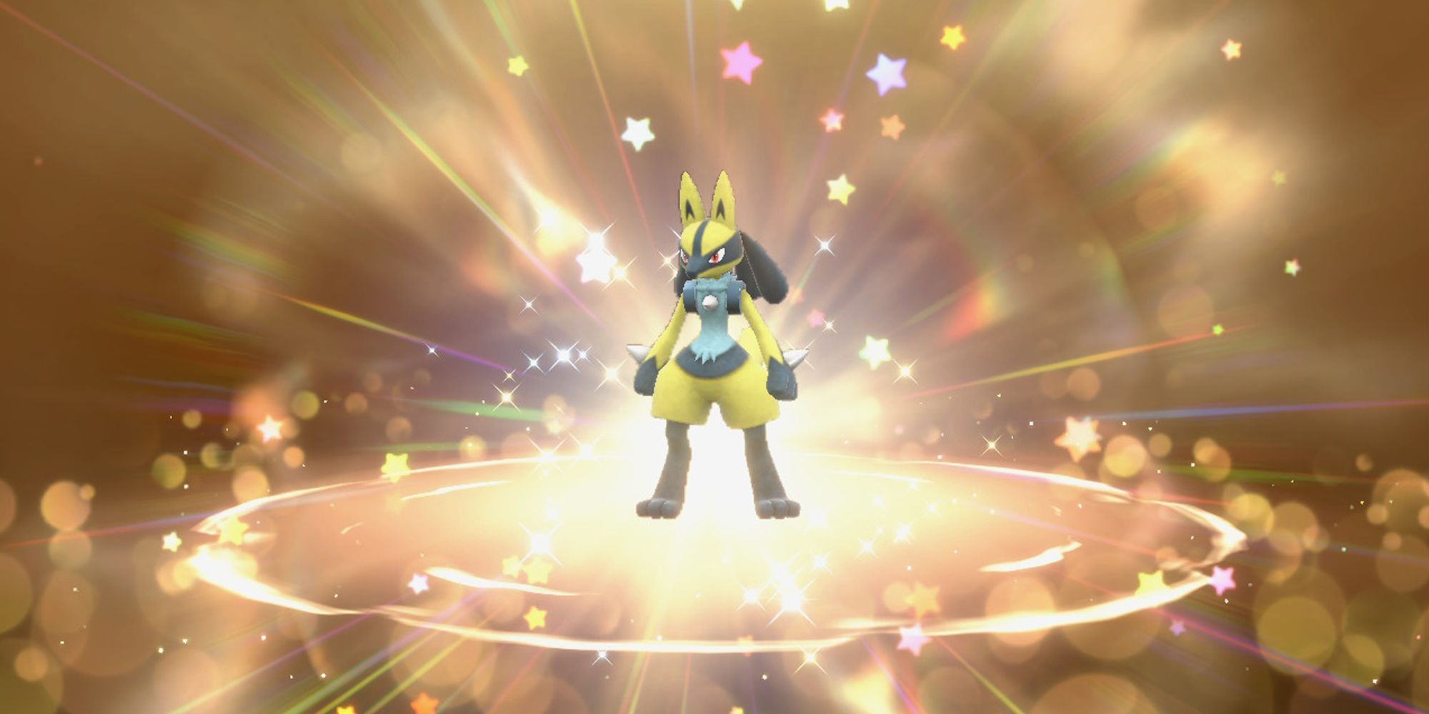 Shiny Lucario surrounded by stars as it's obtained via the Mystery Gift option in Pokemon Scarlet & Violet.