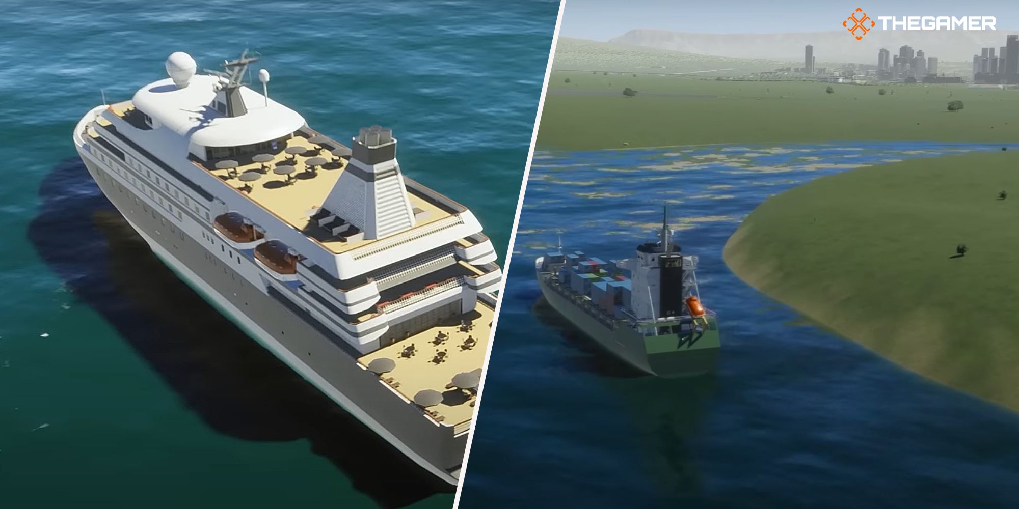 Cities: Skylines 2, Right: Cargo Ship, Left: Passenger Ship.