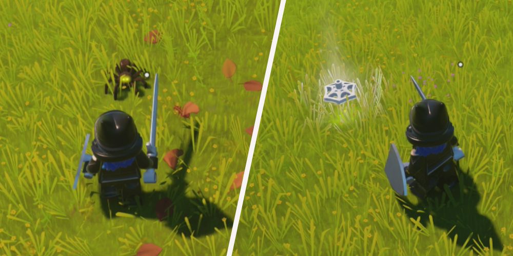 Lego Fortnite: Left: Standing in front of a spider, right: standing in front of silk dropped by the spider