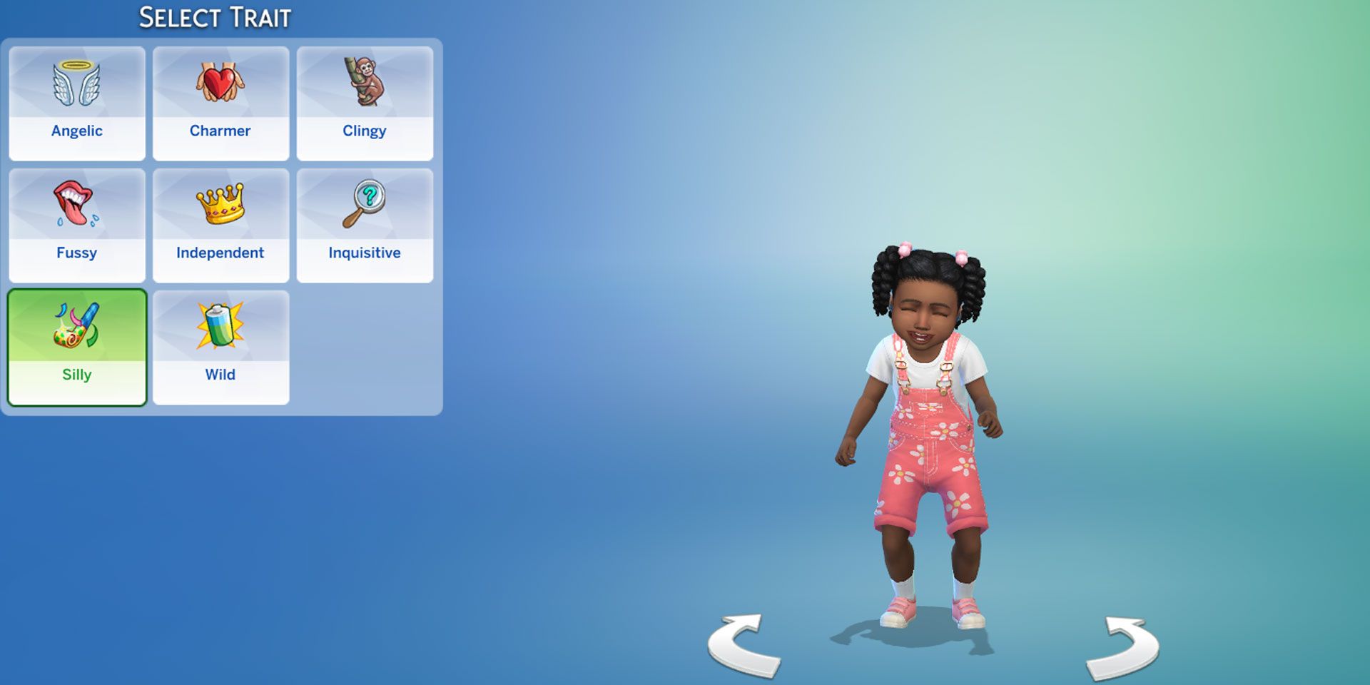 A toddler in The Sims 4 with the Silly trait selected in Create-A-Sim.