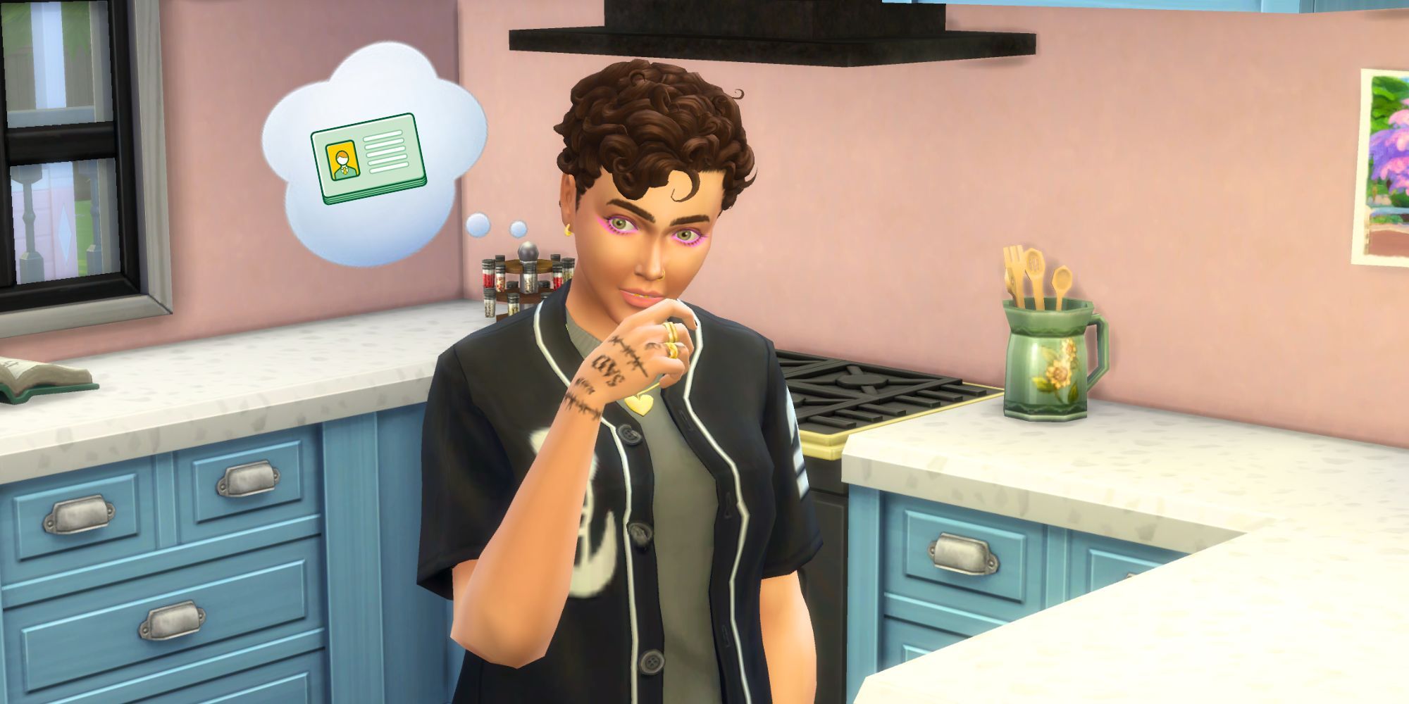 An androgynous Sim is standing in a pink and blue kitchen, looking confused. Above their head, a thought bubble contains an illustration of a photo identification card.