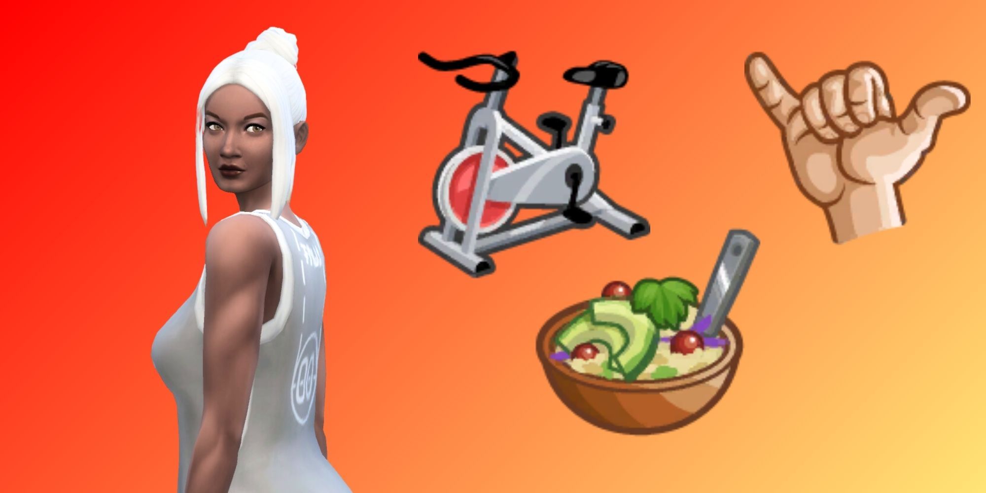 A feminine Sim looks over her shoulder as she stands next to icons representing an exercise bike, a healthy bowl of food, and the Bro trait.