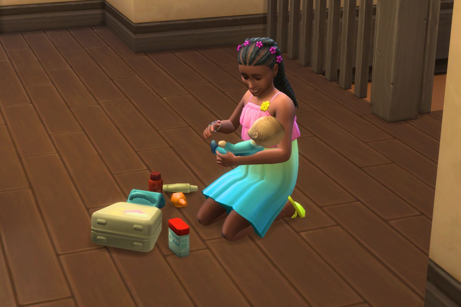 A child Sim plays with the doctor playset in The Sims 4