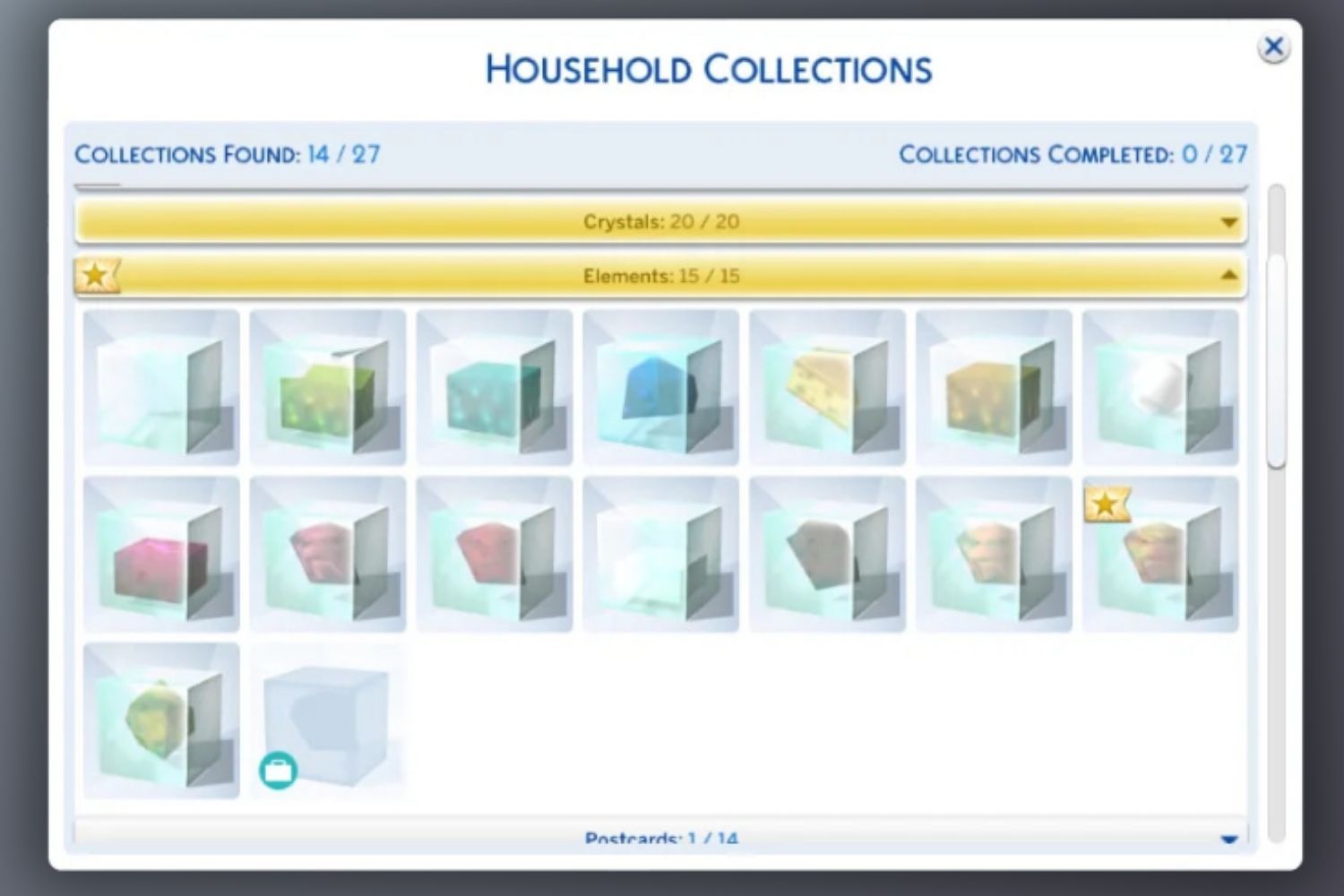 A screenshot shows a completed elements collection in a Sim's inventory.