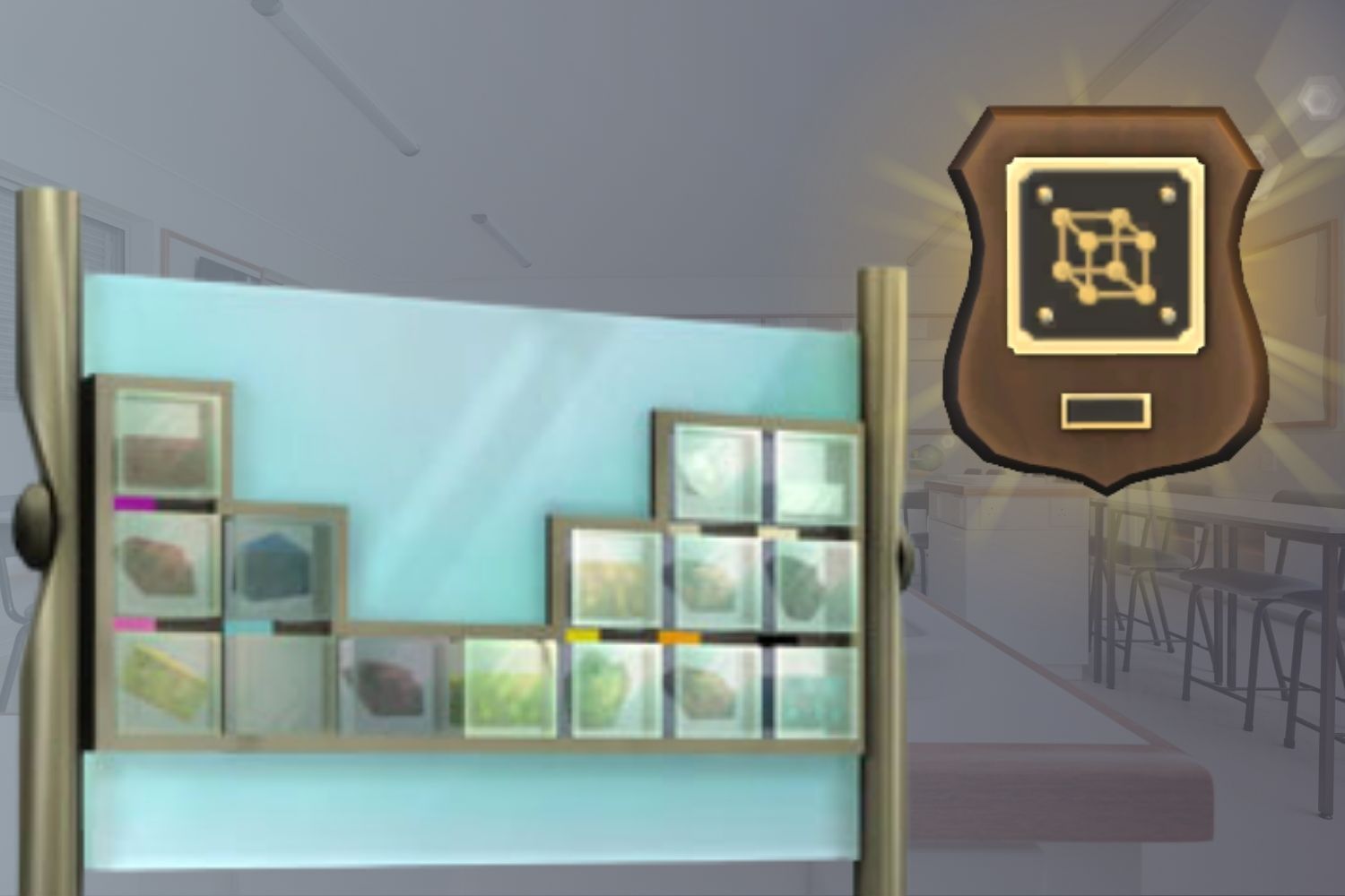 A completed elements collection is displayed in the Elemental Display Case alongside an It's All Elementary Plaque