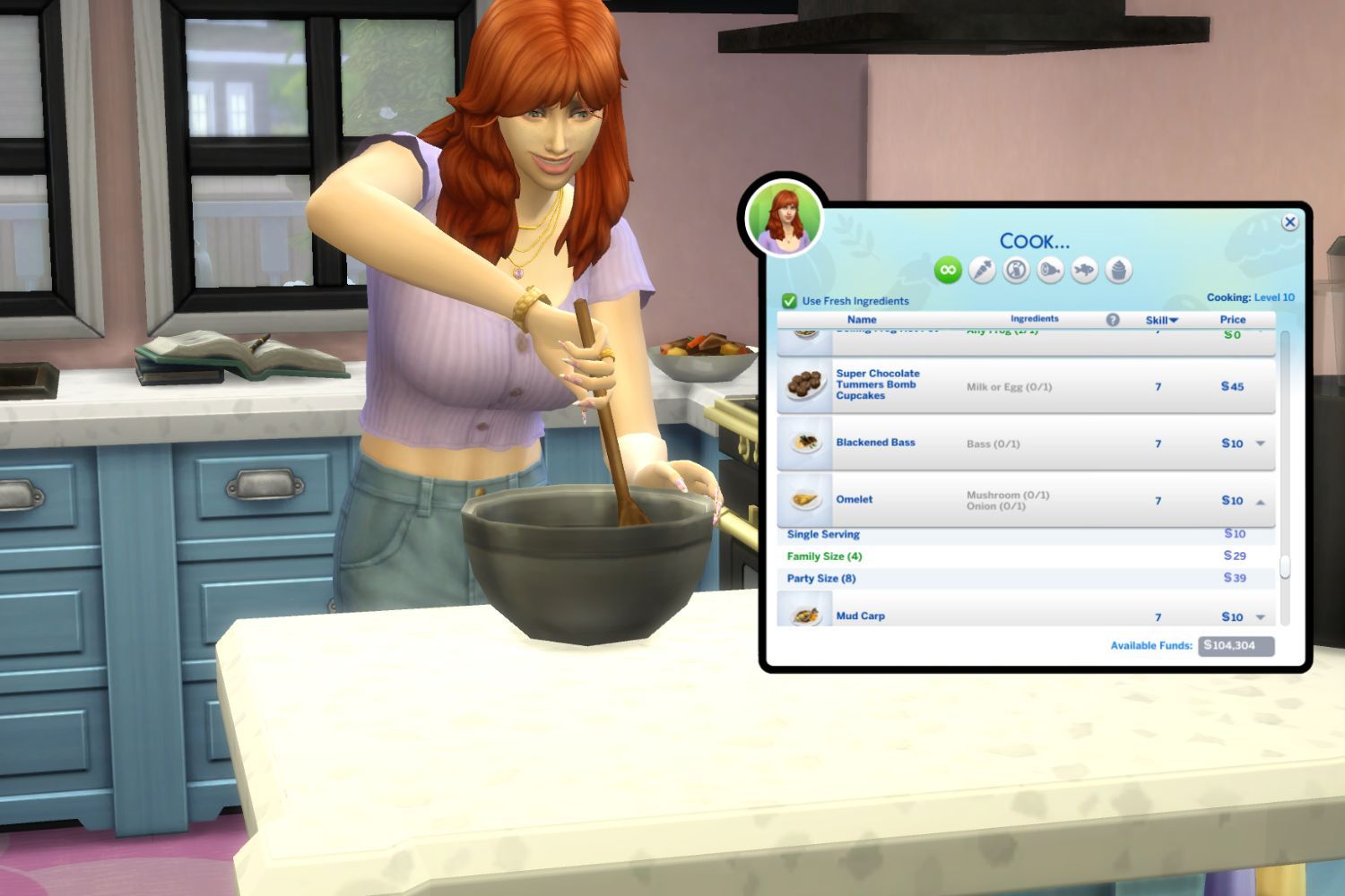 A feminine Sim with red hair stirs ingredients in a mixing bowl. Next to her, her recipe catalog overlays the screenshot.