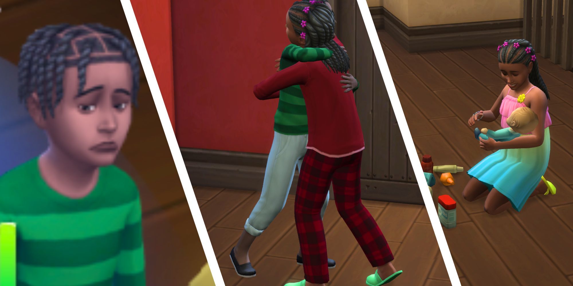 A three-panel photo shows a sad child Sim, two child Sims hugging, and a child Sim playing with the Doctor Playset.