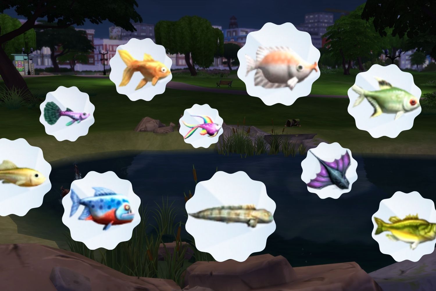 Many icons show different fish that can be caught by Sims.