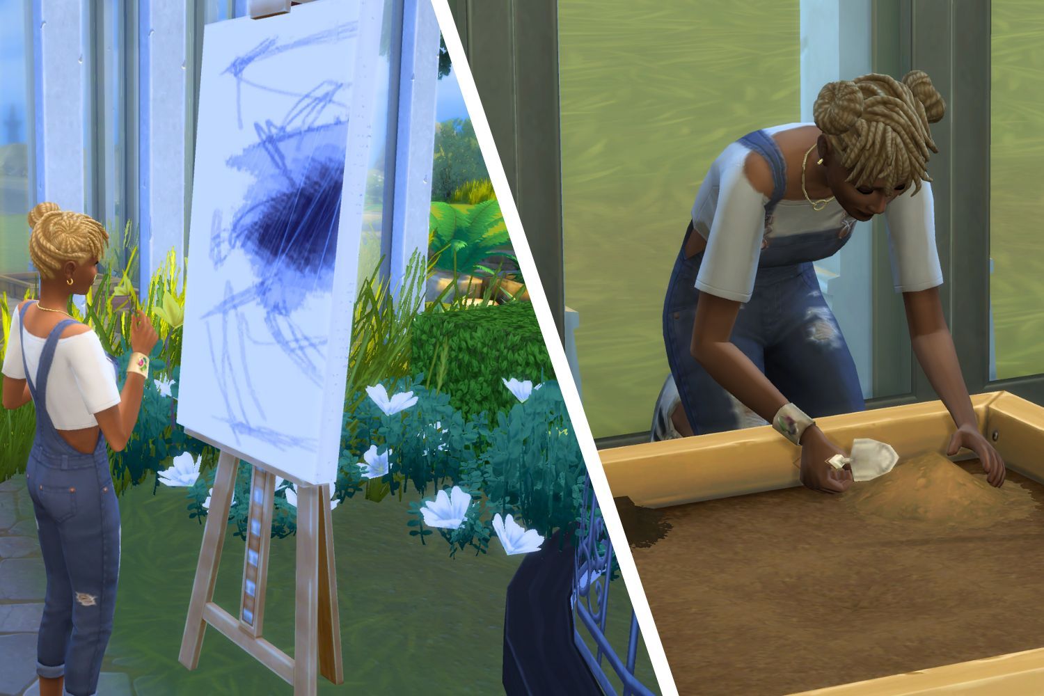 A feminine Sim in overalls gardens and paints.