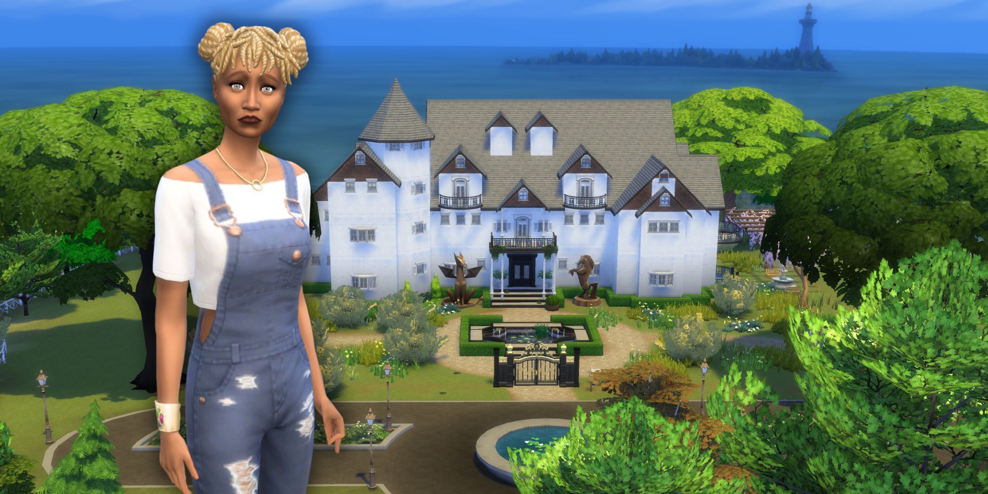 A feminine Sim in overalls worriedly looks into the camera. In the background the inherited mansion sits on a large plot of land