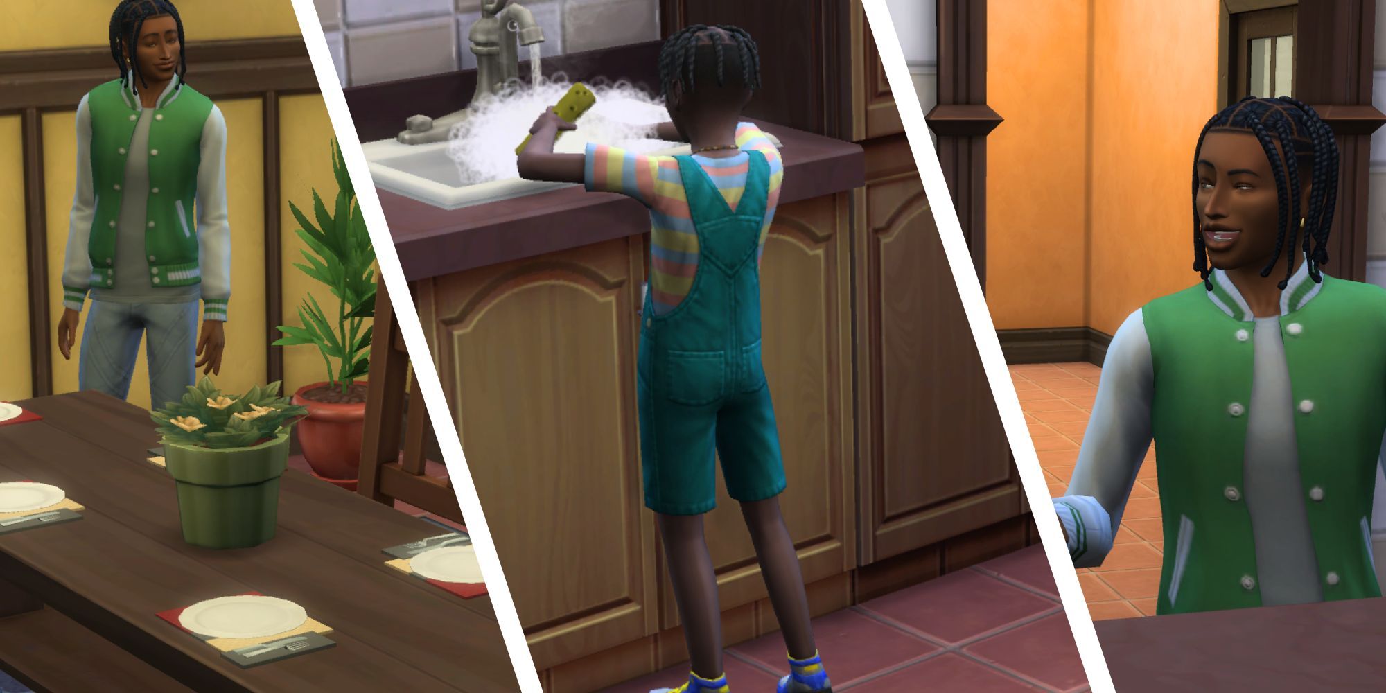 Three panels show a teenage Sim setting the table, a child Sim doing the dishes, and the same teenage Sim politely talking.