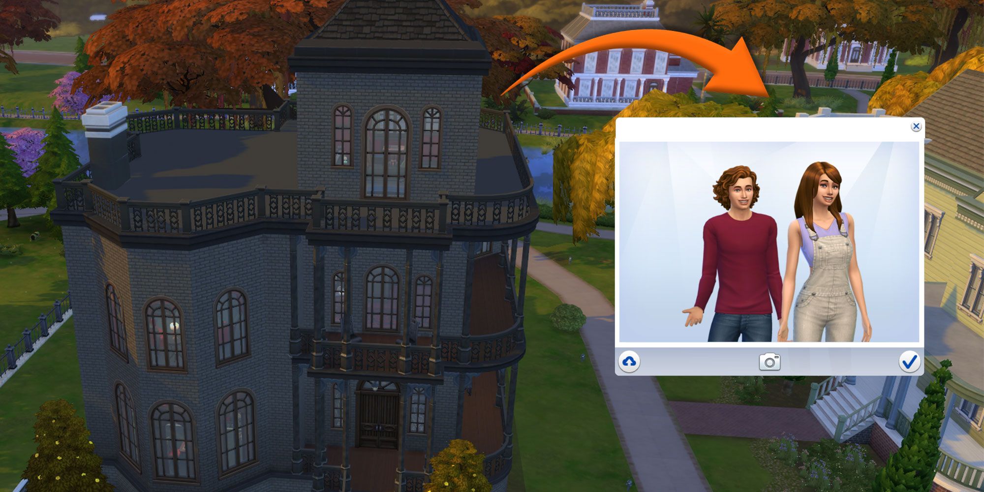 A big mansion in The Sims 4. An arrow points from it to a window where a male and female Sims are seen posing.
