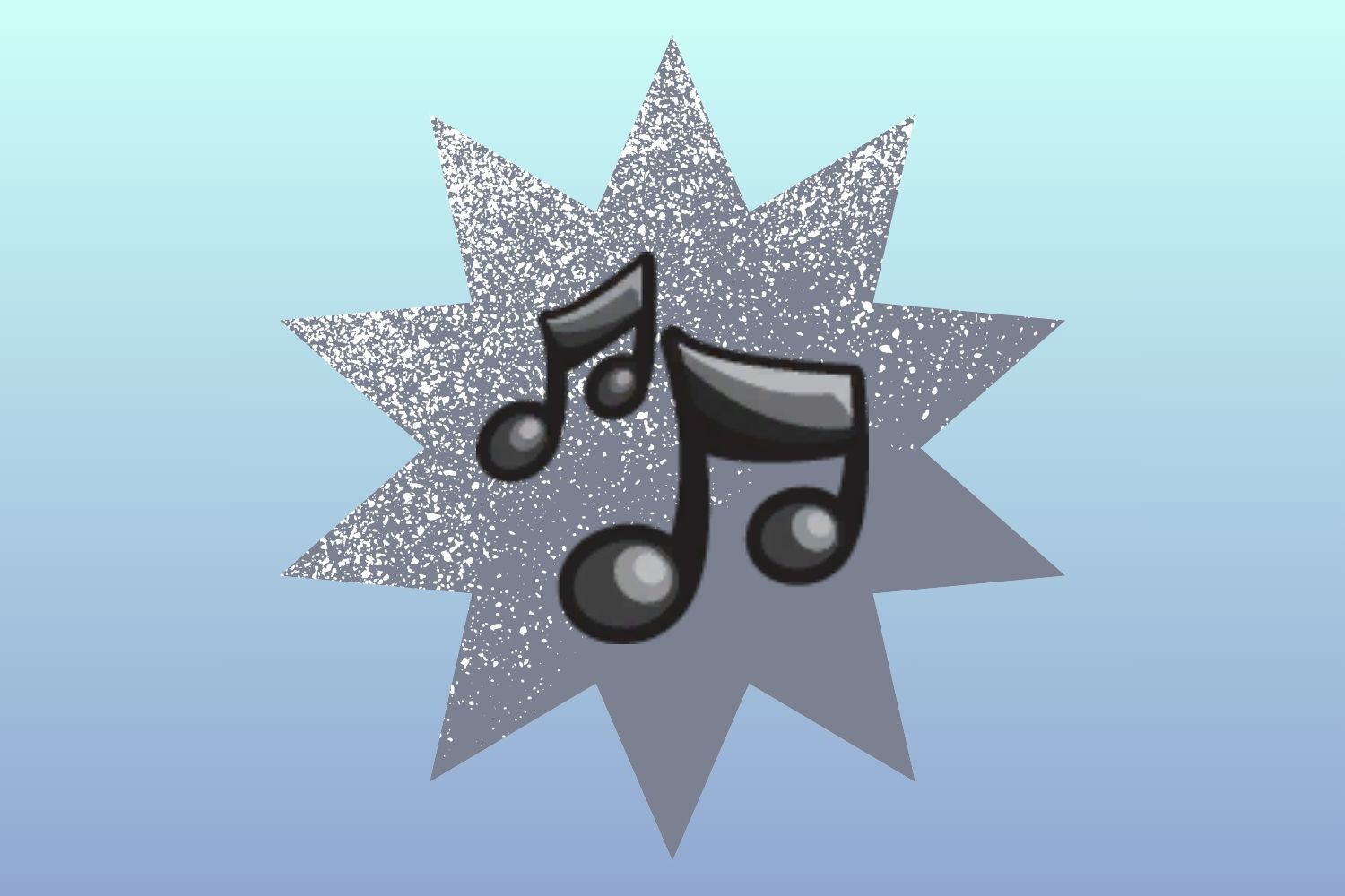 A pair of music notes hover over a silver and blue background.