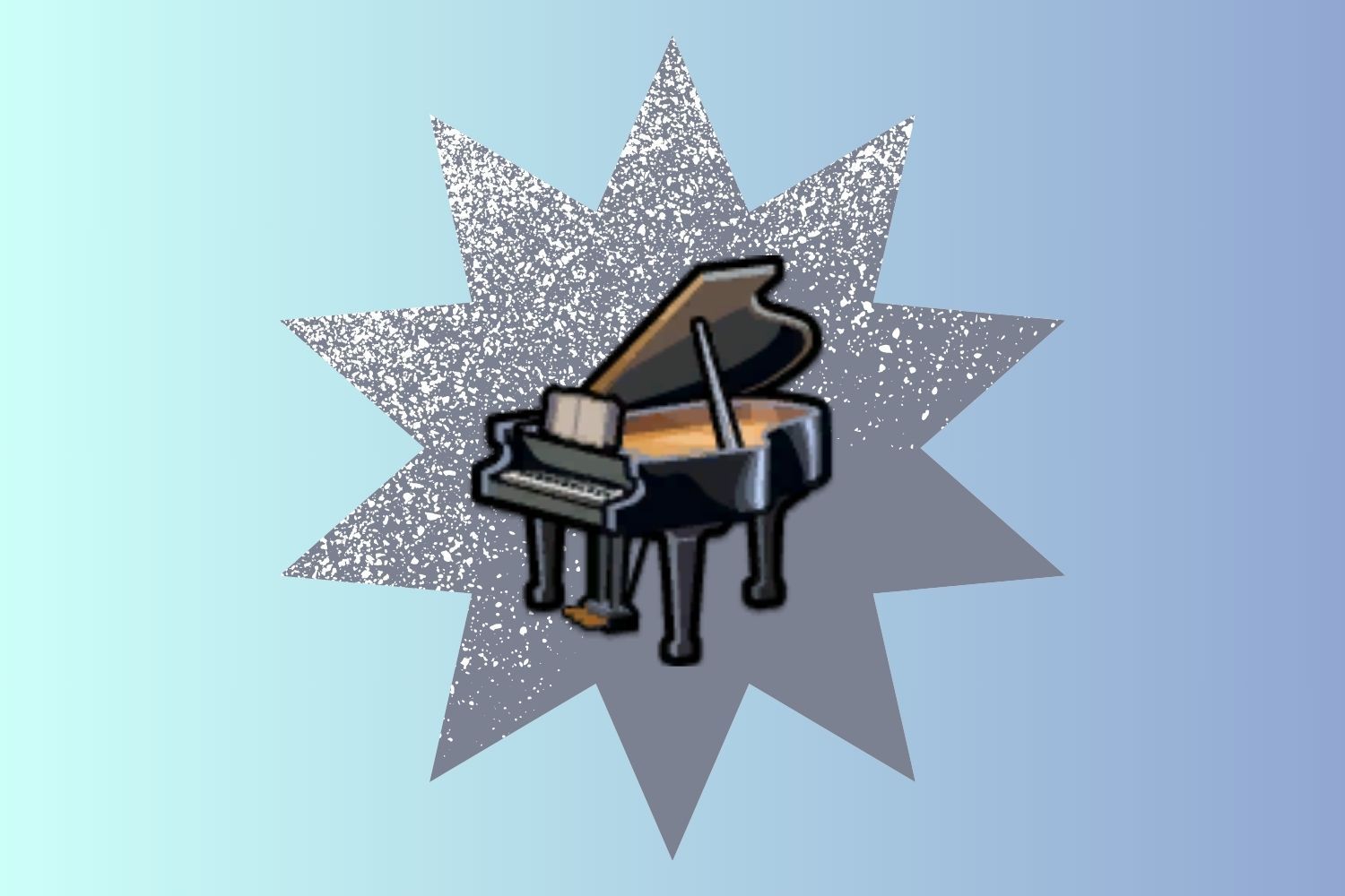 A piano icon hovers over a blue ombre background.