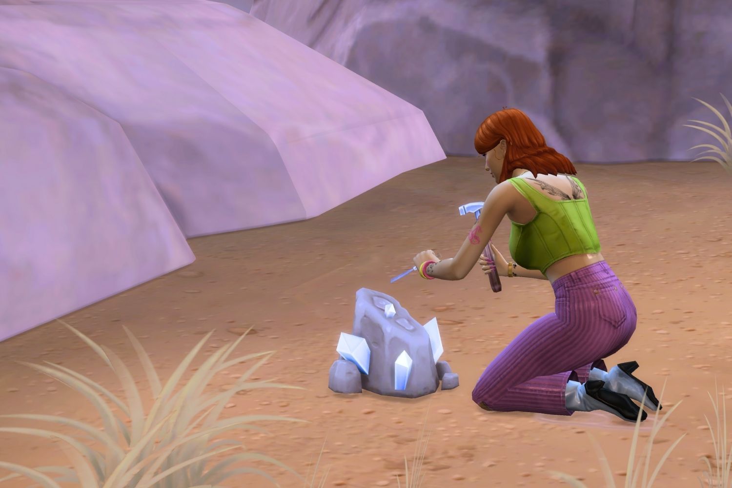 A feminine Sim with red hair uses mining tools to extract materials from a rock.
