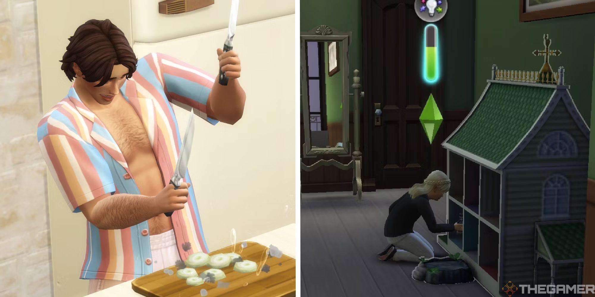 sims 4 split image of sim cooking next to image of child playing at a dollhouse