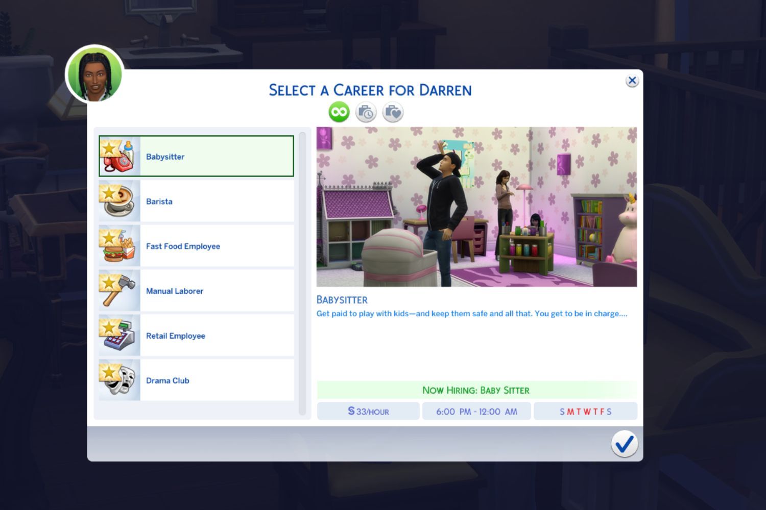 A screenshot of Sims 4 shows the many jobs a teenager can accept.