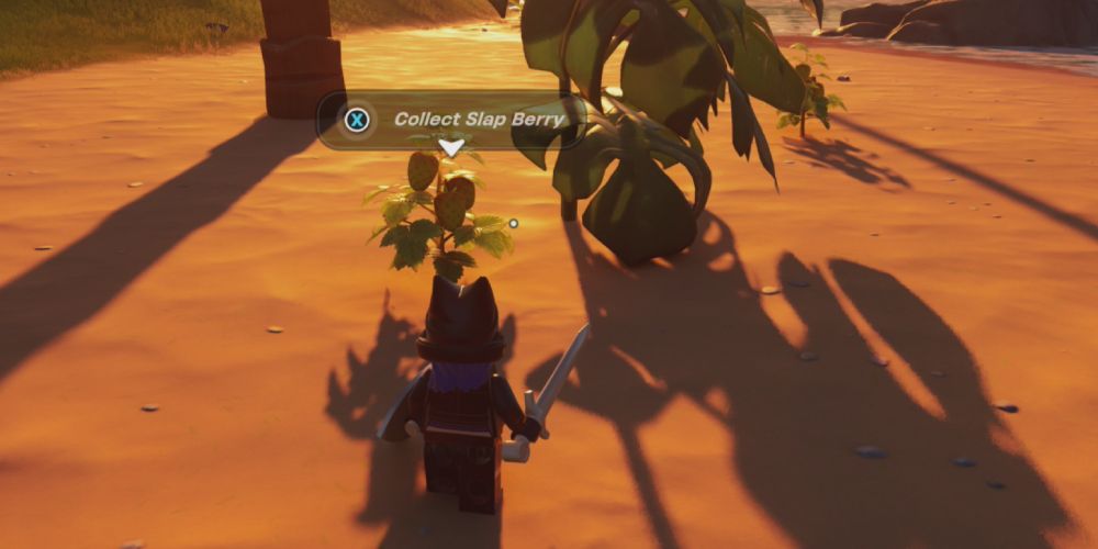 Lego Fortnite Odyssey: Standing in front of a slap berry bush.