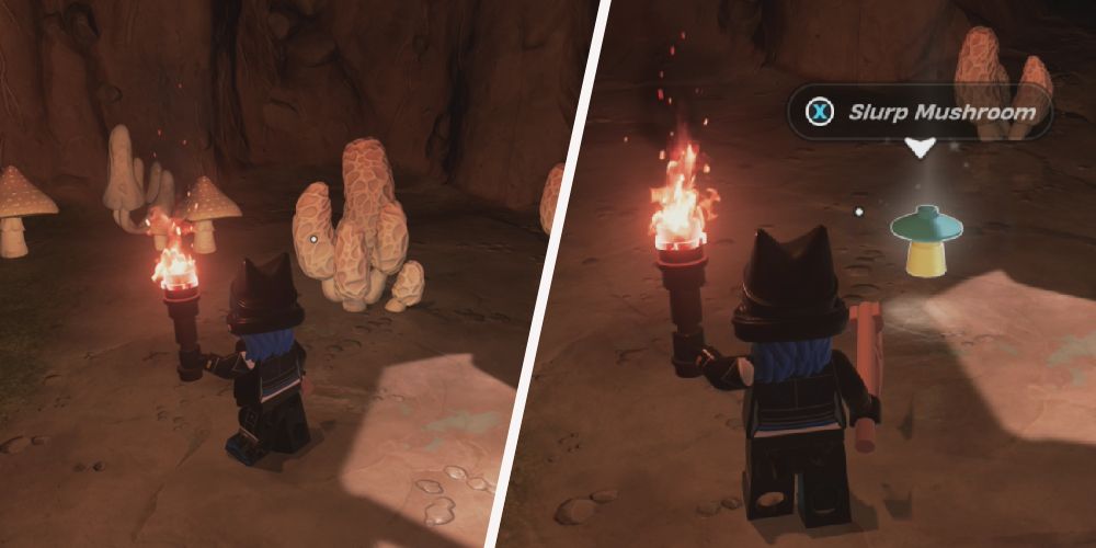 Lego Fortnite Odyssey: left: Standing in front of slurp mushrooms before breaking them, right: what it looks like after breaking.