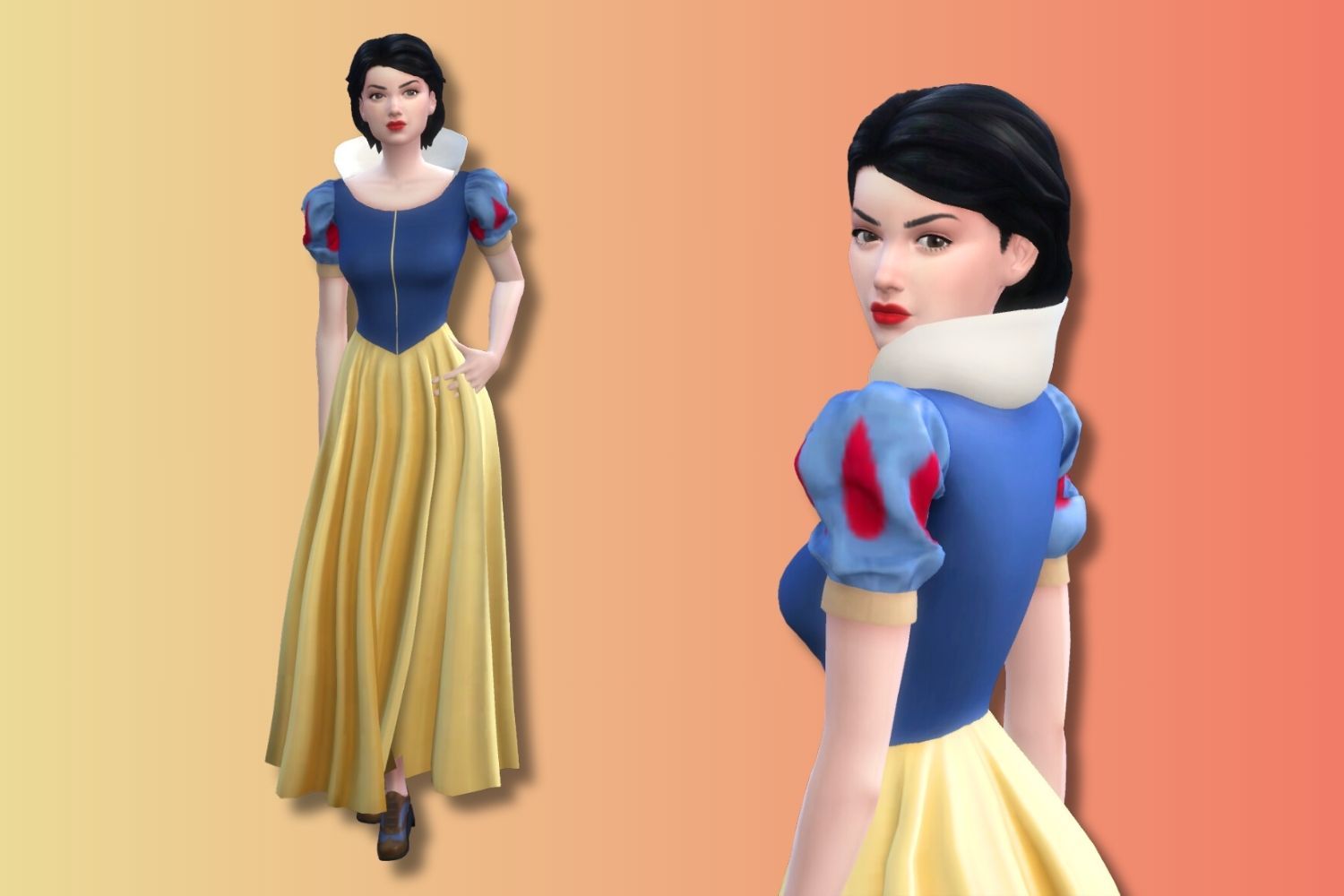 A Sim resembling Disney's Snow White stands against a yellow and red gradient background.