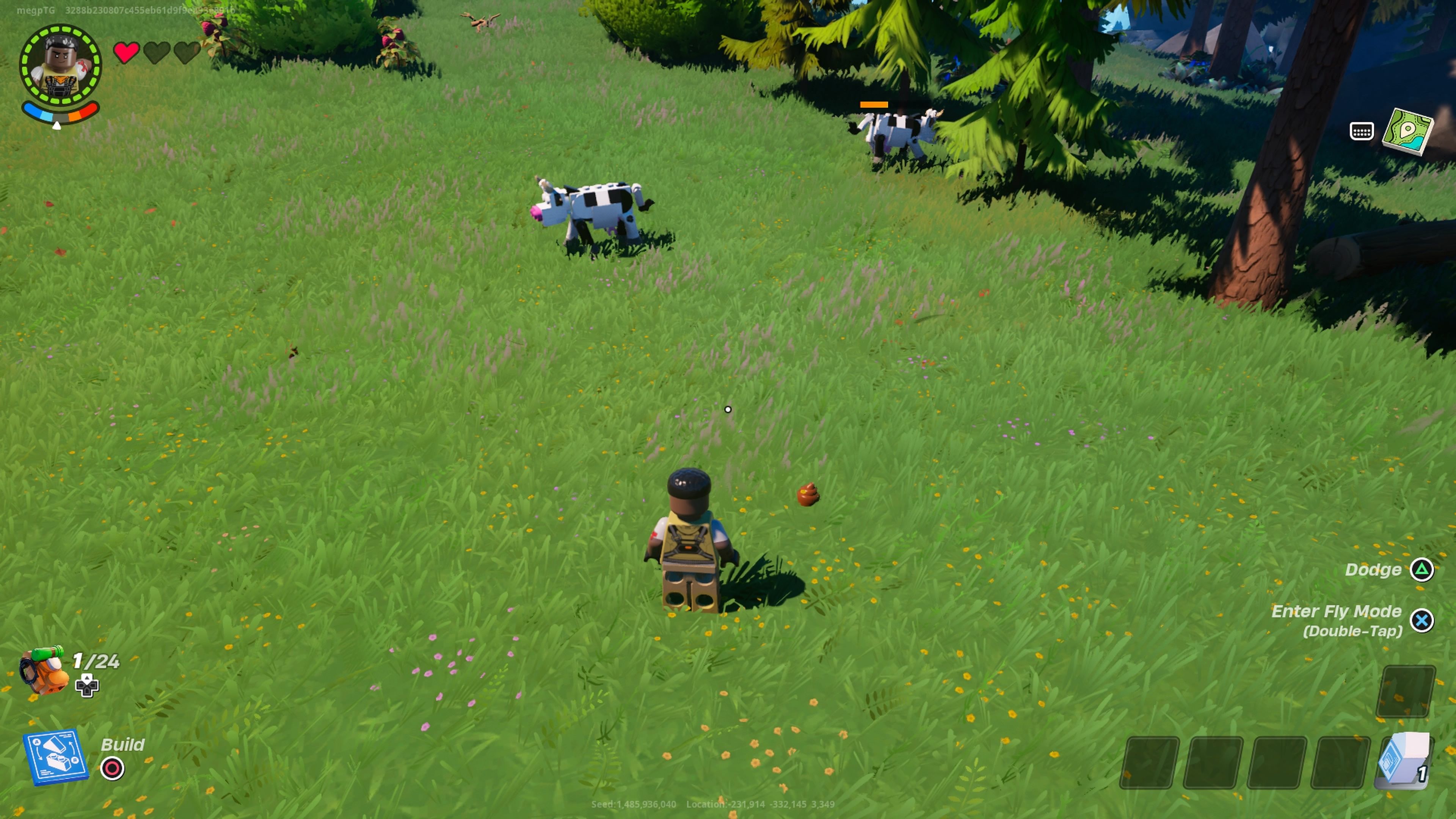 Someone beside some Fertilizer near a cow in Lego Fortnite.