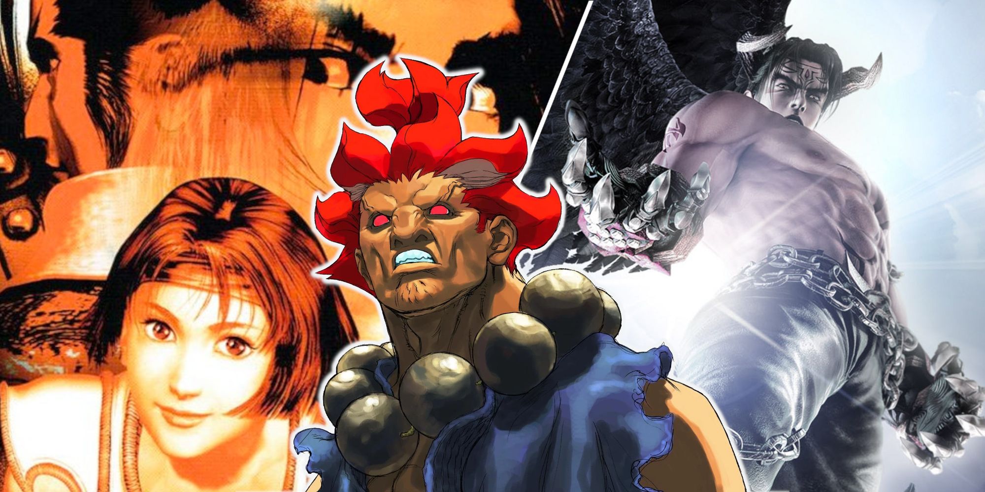 Soulcalibur and Tekken 5 split image with Akuma popping up in the center