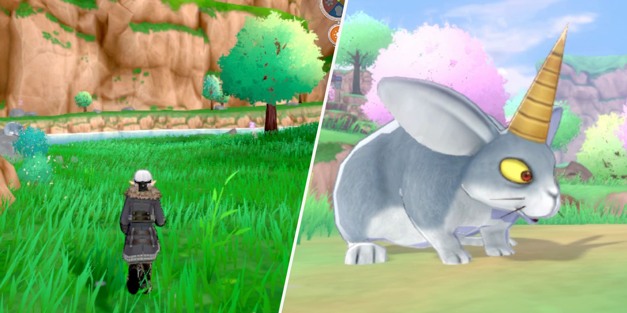 Split image of Psaro and a Bunicorn in Terrestria from Dragon Quest Monsters The Dark Prince