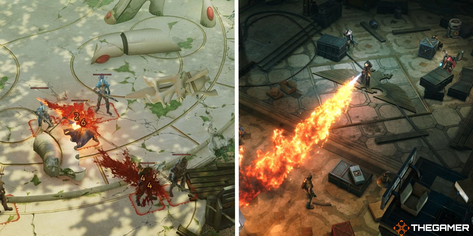 split image showing enemies taking damage next to image of party member using a flame thrower