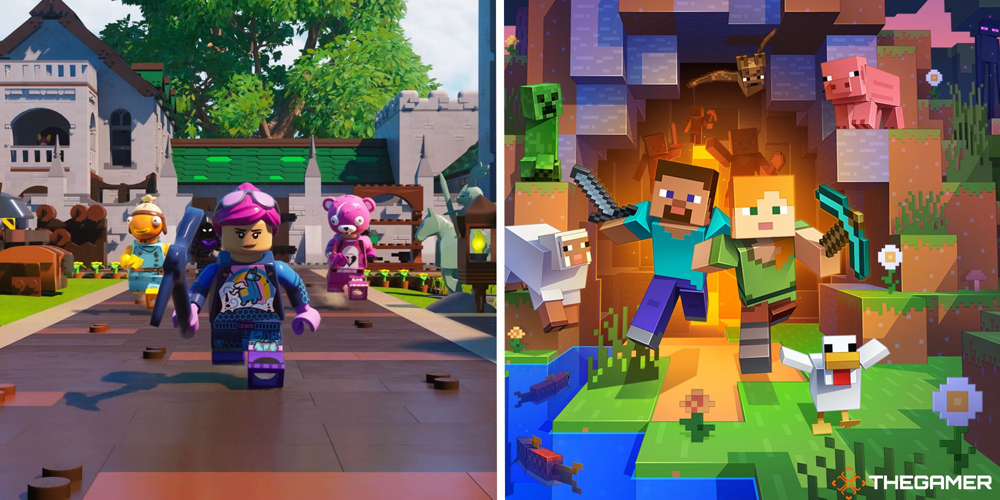 split image showing official art for lego fortnite and minecraft