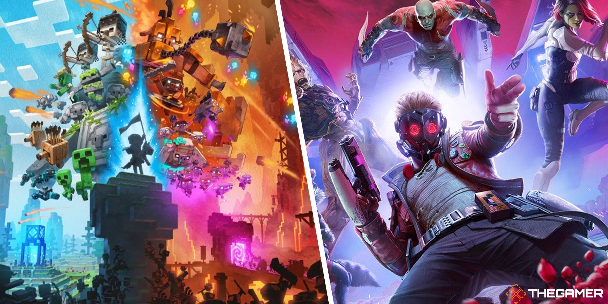 split image showing promotional image for minecraft legends and guardians of the galaxy game