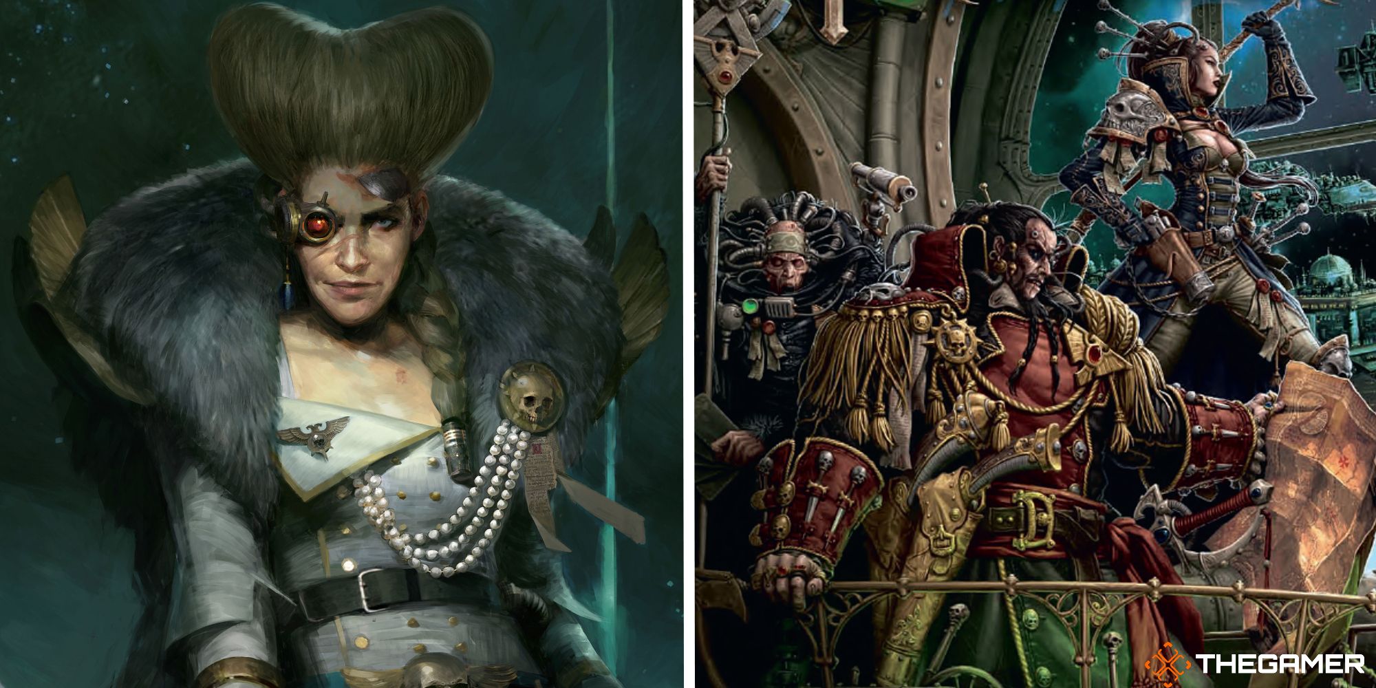 split image showing theodora von valancius next to image of rule book for 2009 rogue trader game
