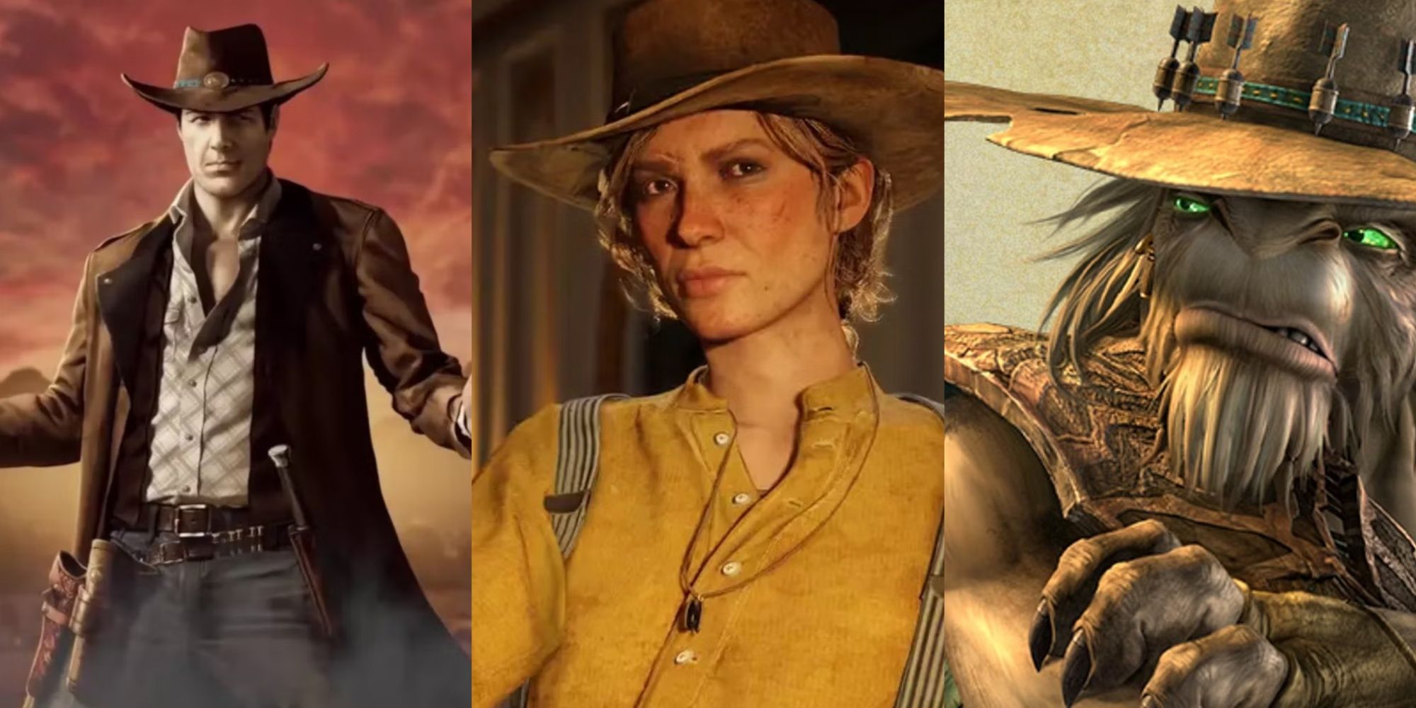 Split images of John Cooper from Desperados, Sadie Adler from Red Dead Redemption 2, and The Stranger from Oddworld Stranger's Wraith