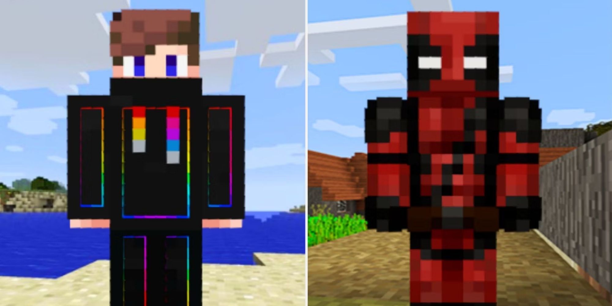 Split images of Rainbow Gamer and Deadpool custom Minecraft skins