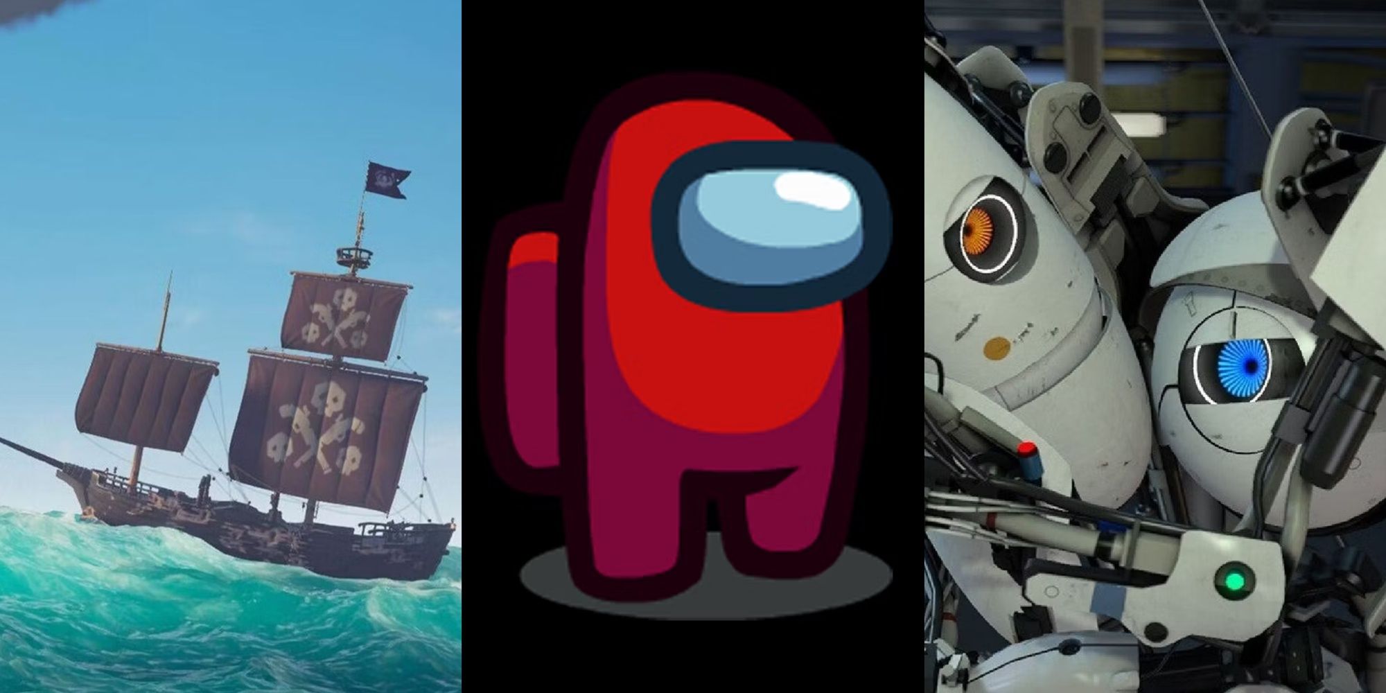 Split images of Sea of Thieves, Among us, and Portal 2