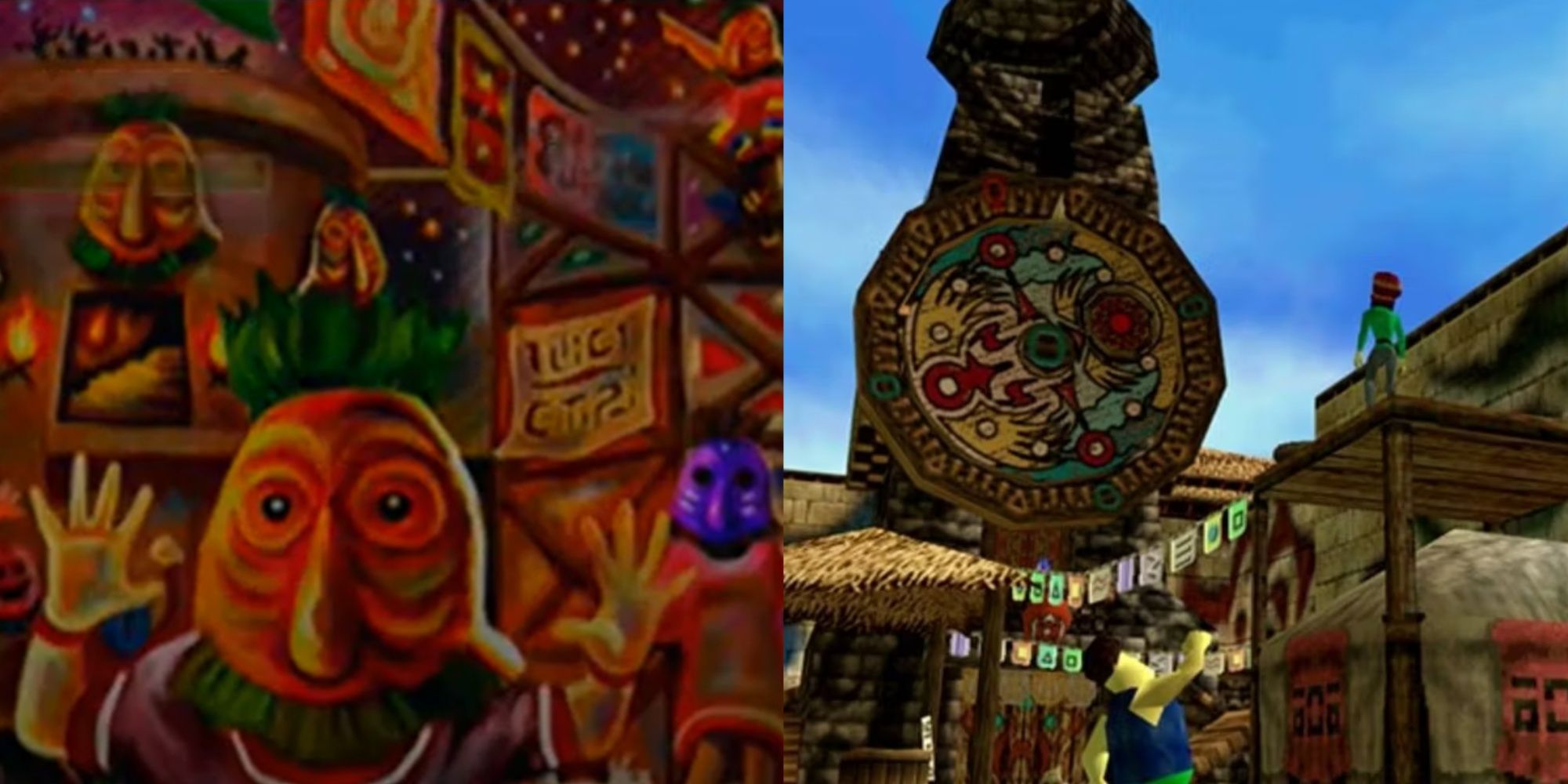 Split images of the Carnival of Time in the past and Clock Town in Majora's Mask