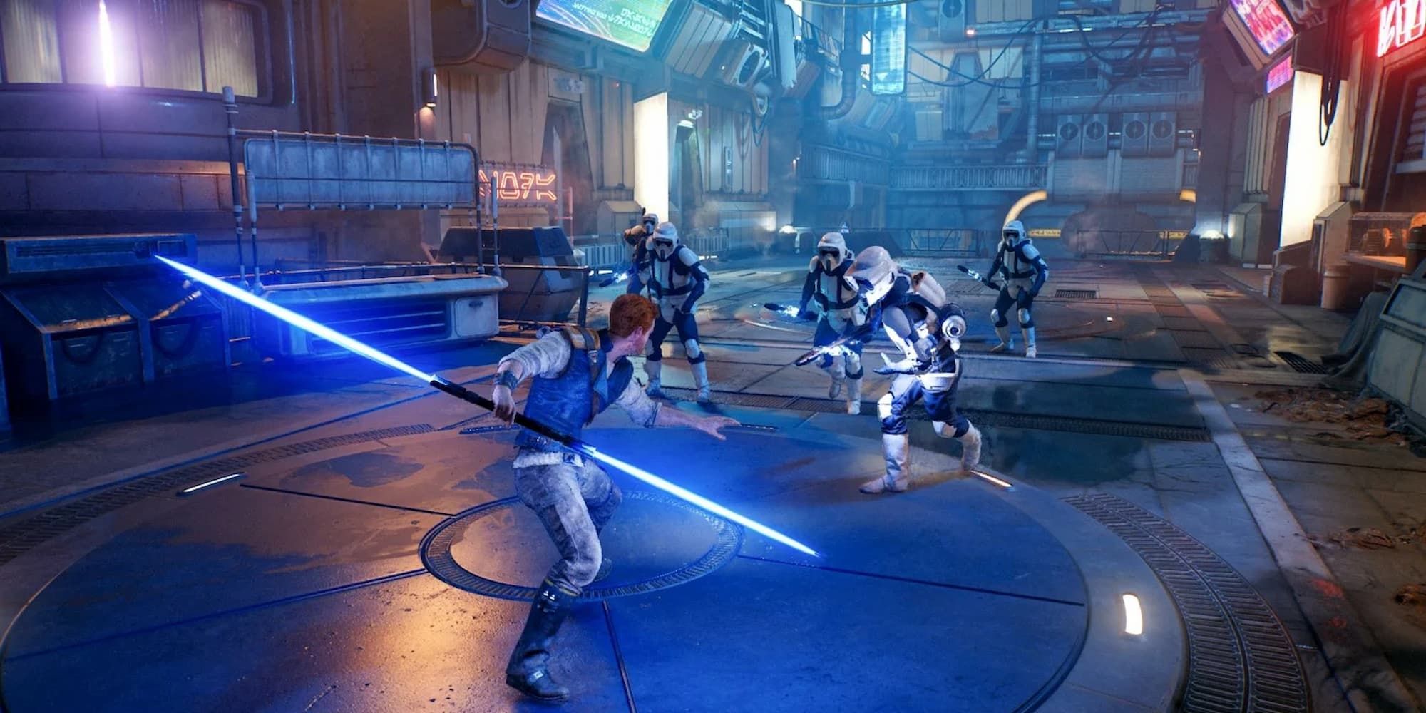 Cal and a double-bladed blue lightsaber fights a group of storm troopers in Star Wars Jedi Survivor.